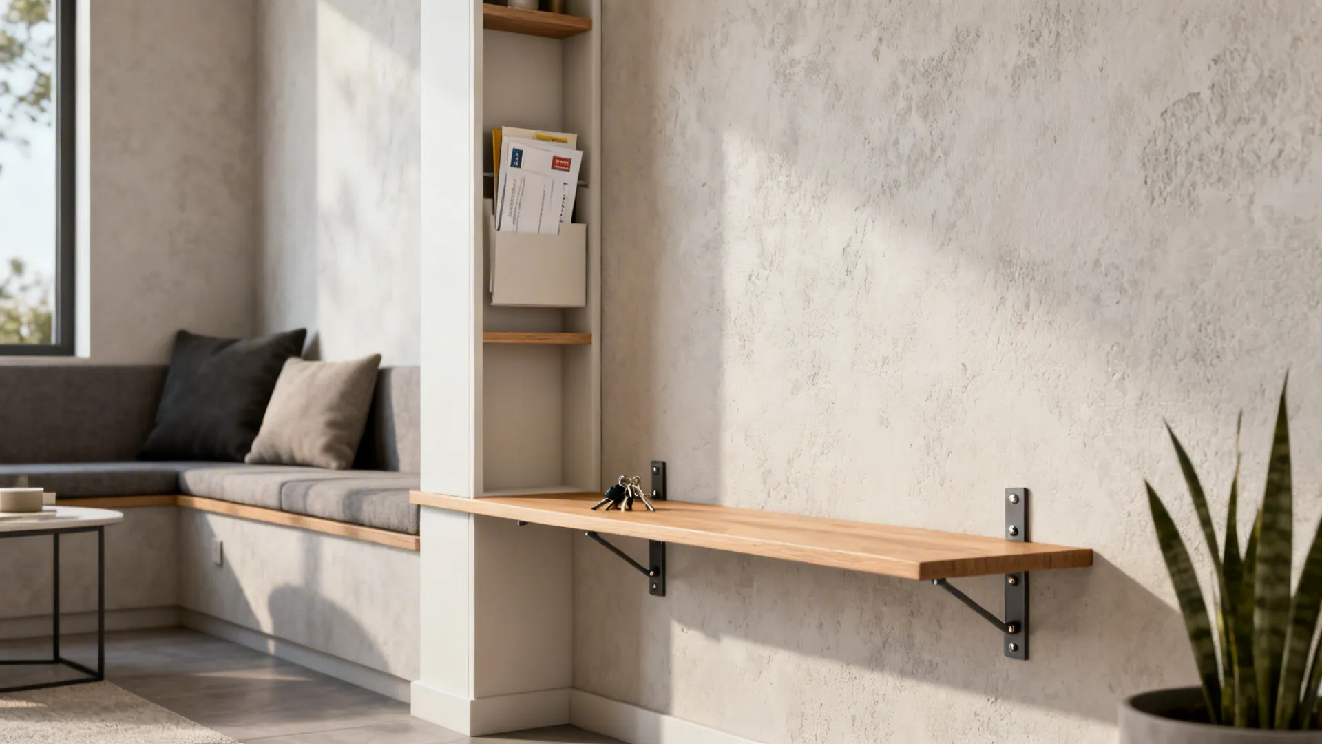 Long wooden wall shelf fixed with metal brackets next to a white built-in storage unit
