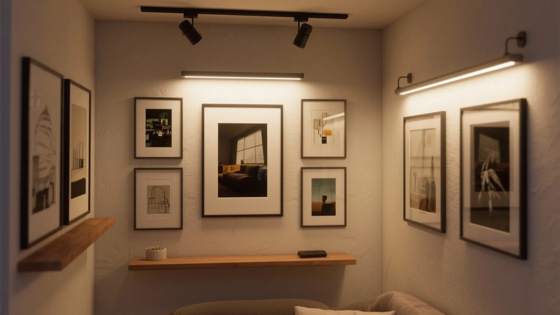 Gallery wall with framed art pieces illuminated by warm light fixtures and a ceiling light