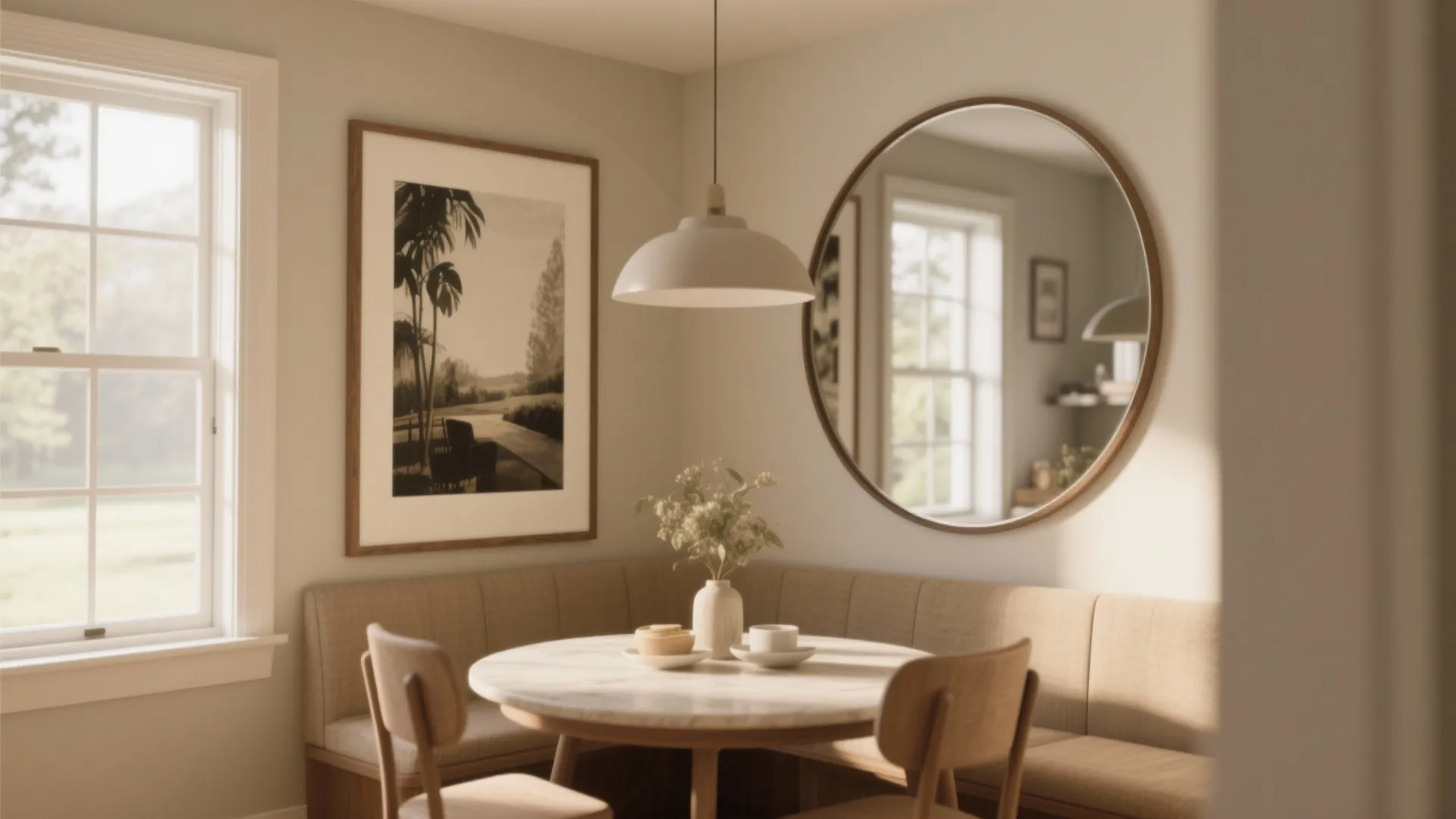 Dining nook with framed art and oversized round mirror reflecting light