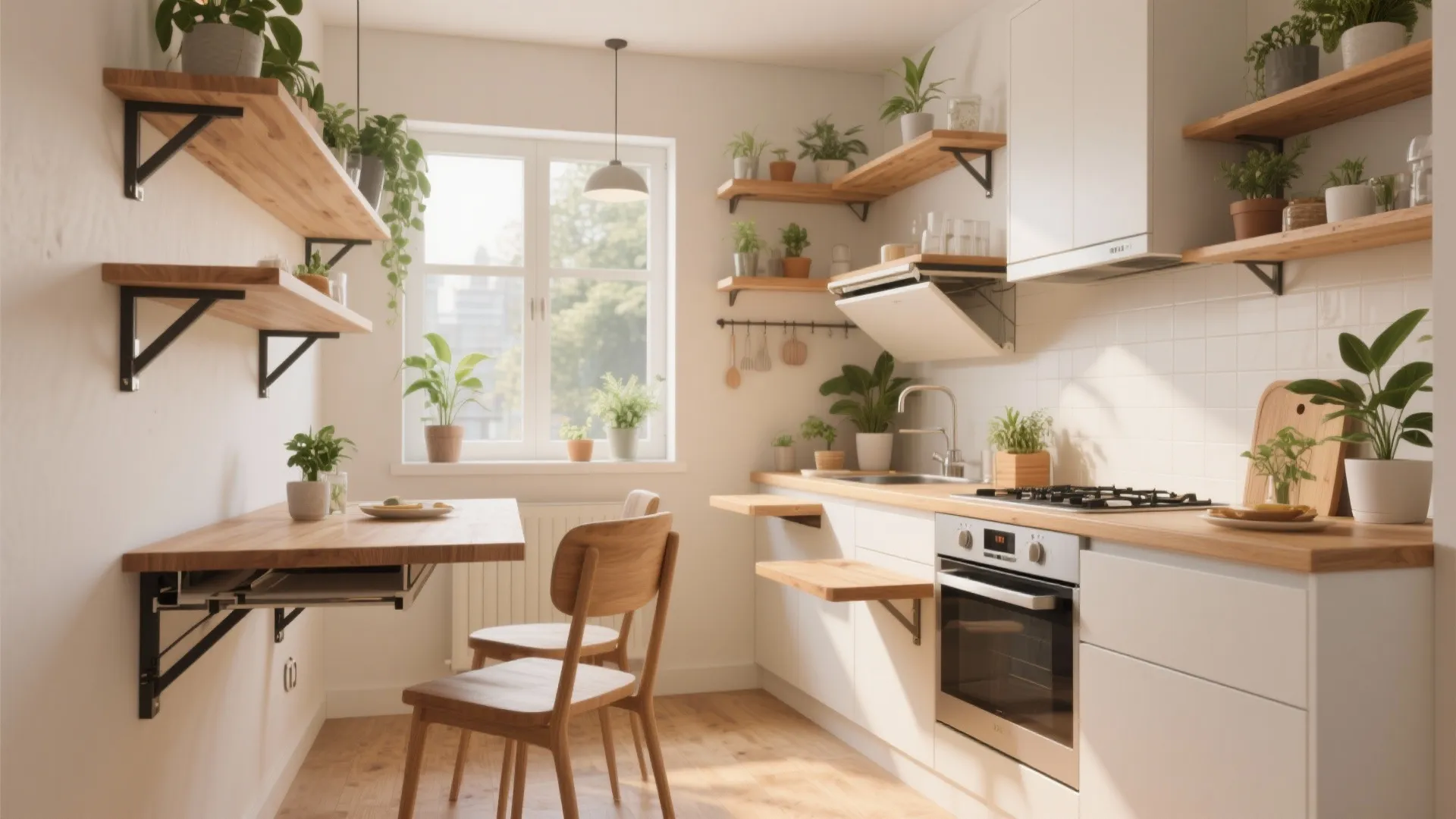 Small bright kitchen with many green plants wooden wall shelves and foldable wall mounted table