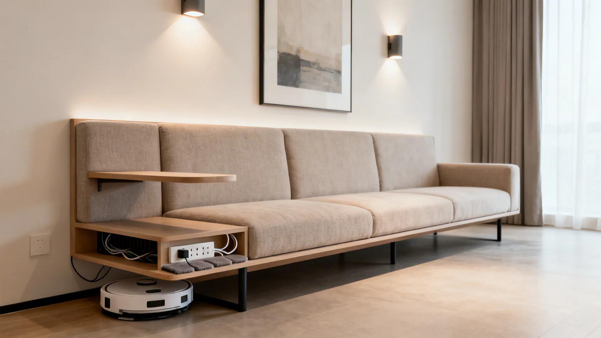 Long beige sofa with built in side table power strip and robot vacuum in room