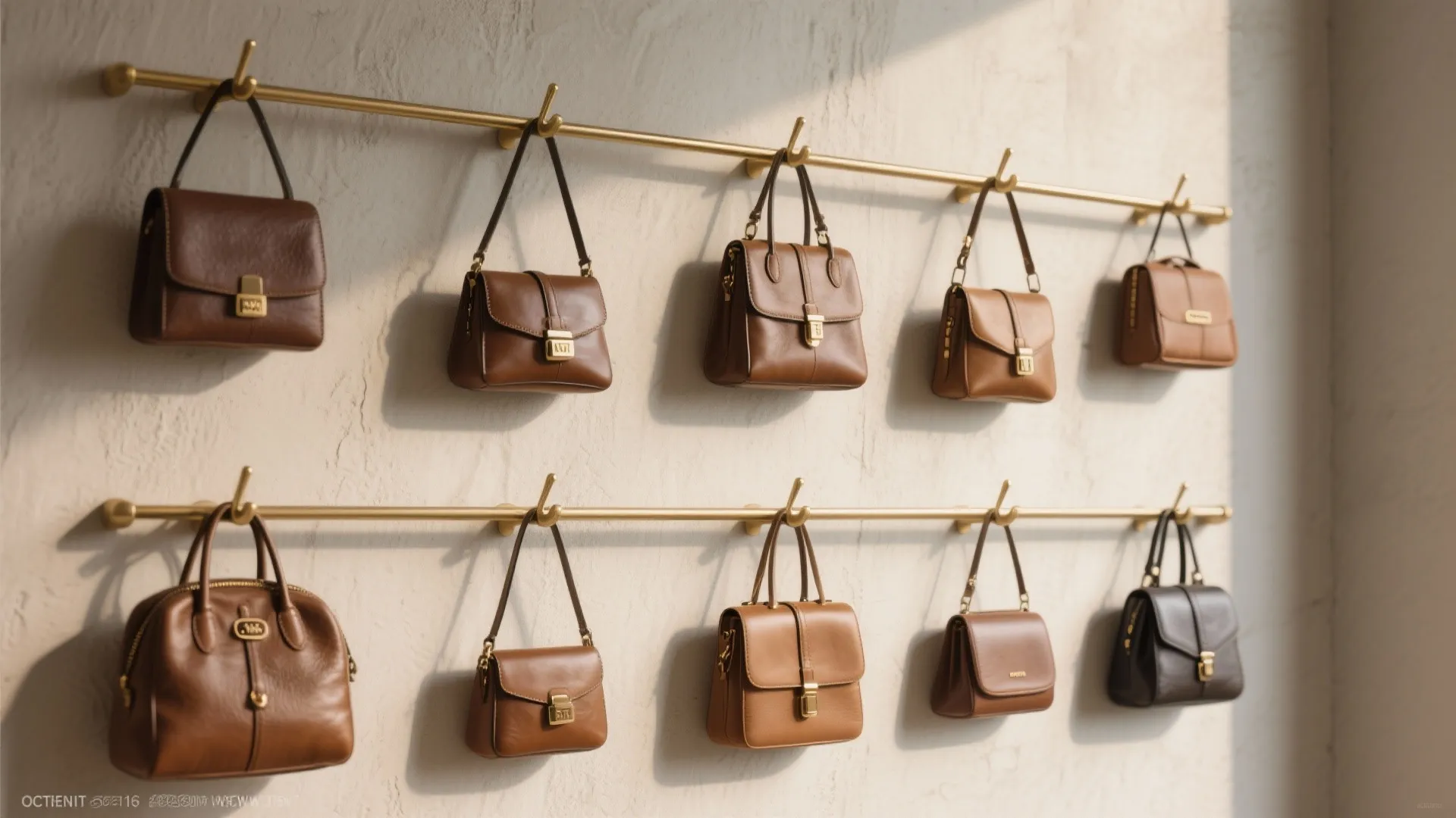 Two gold metal rods on a textured wall displaying several brown leather handbags hanging neatly