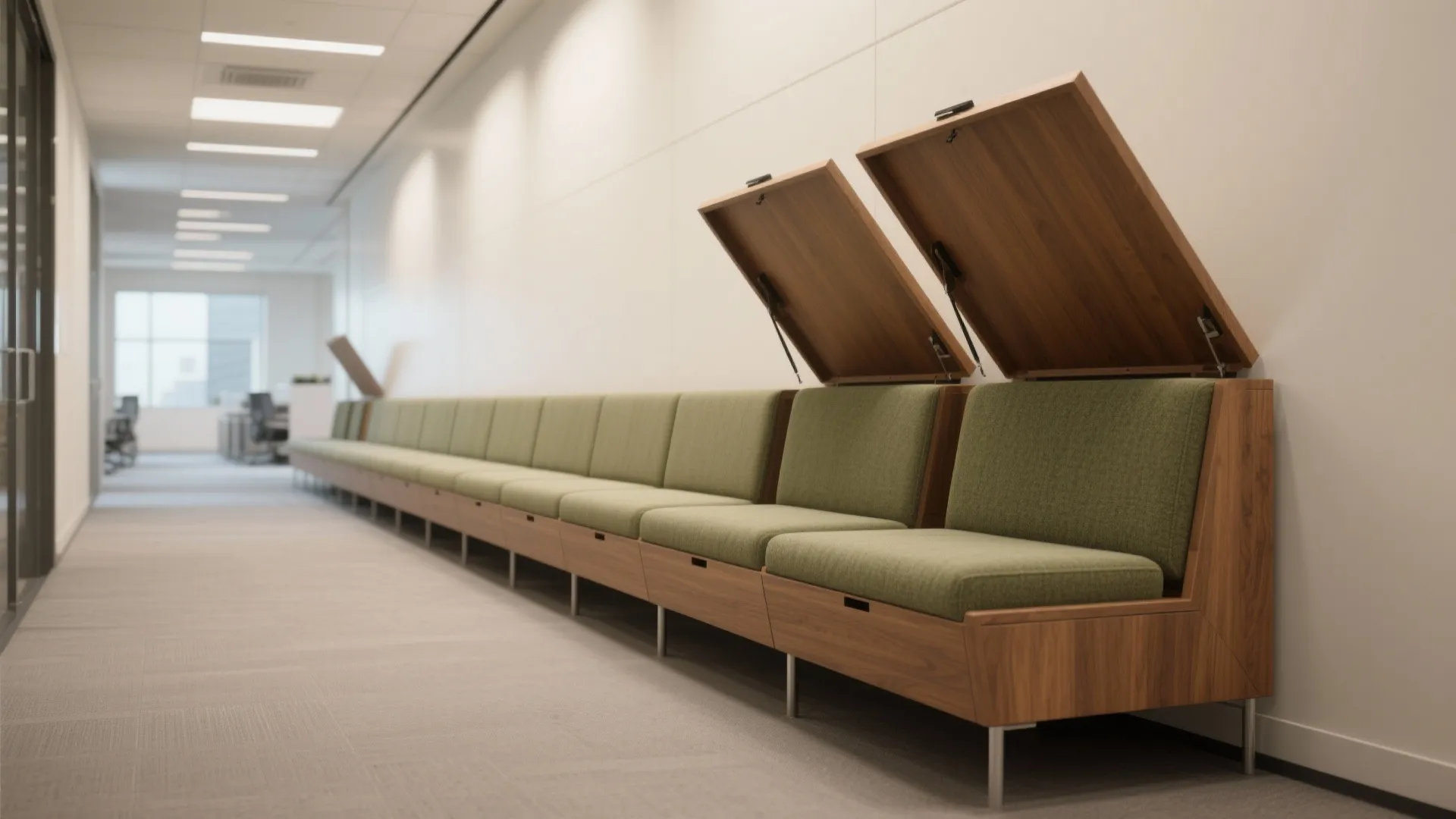 Wall-hugging office banquette with lift-up seat storage creating a clear traffic lane.