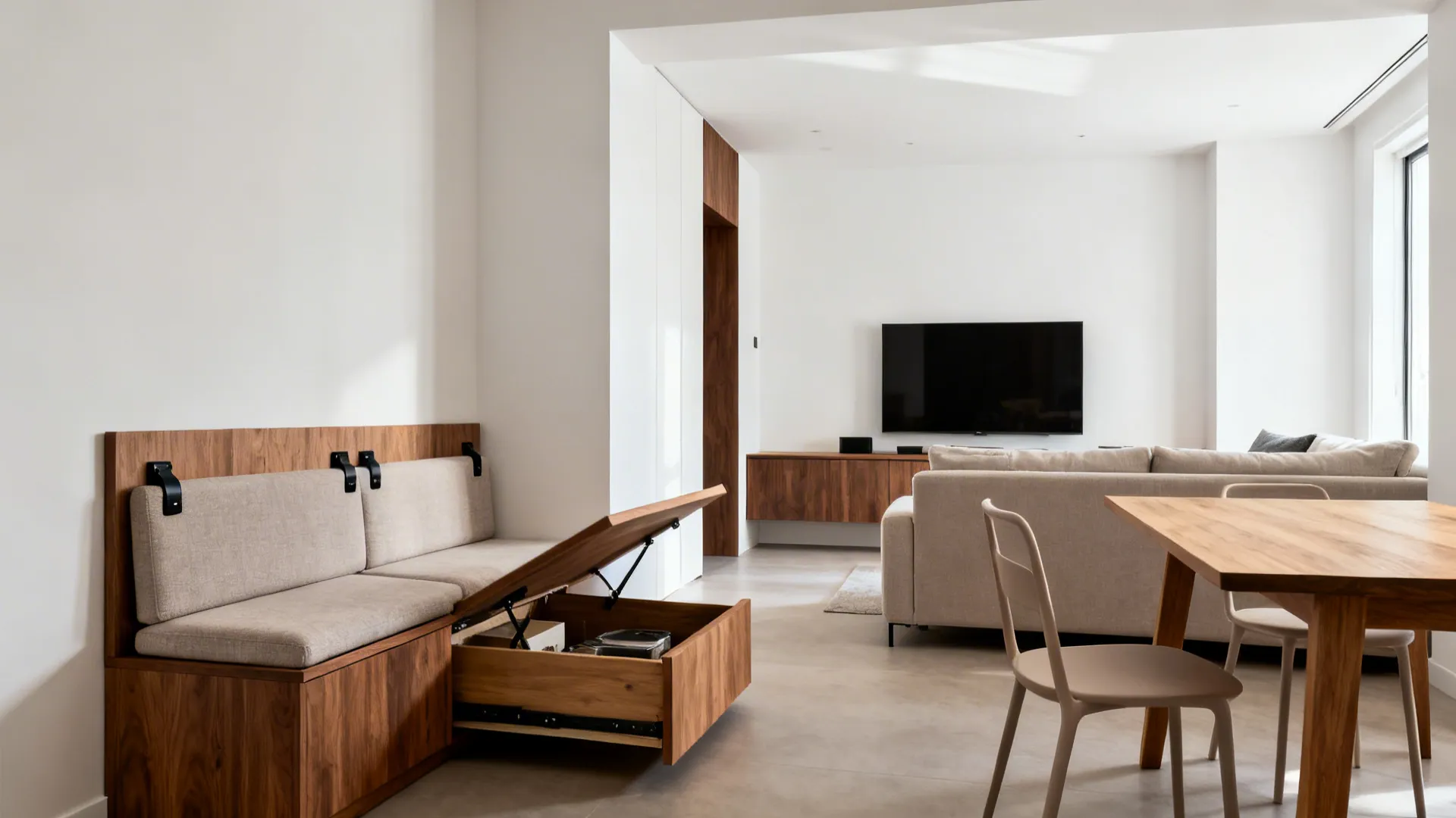Wooden wall bench with lifted seat showing open storage drawer in a modern living room
