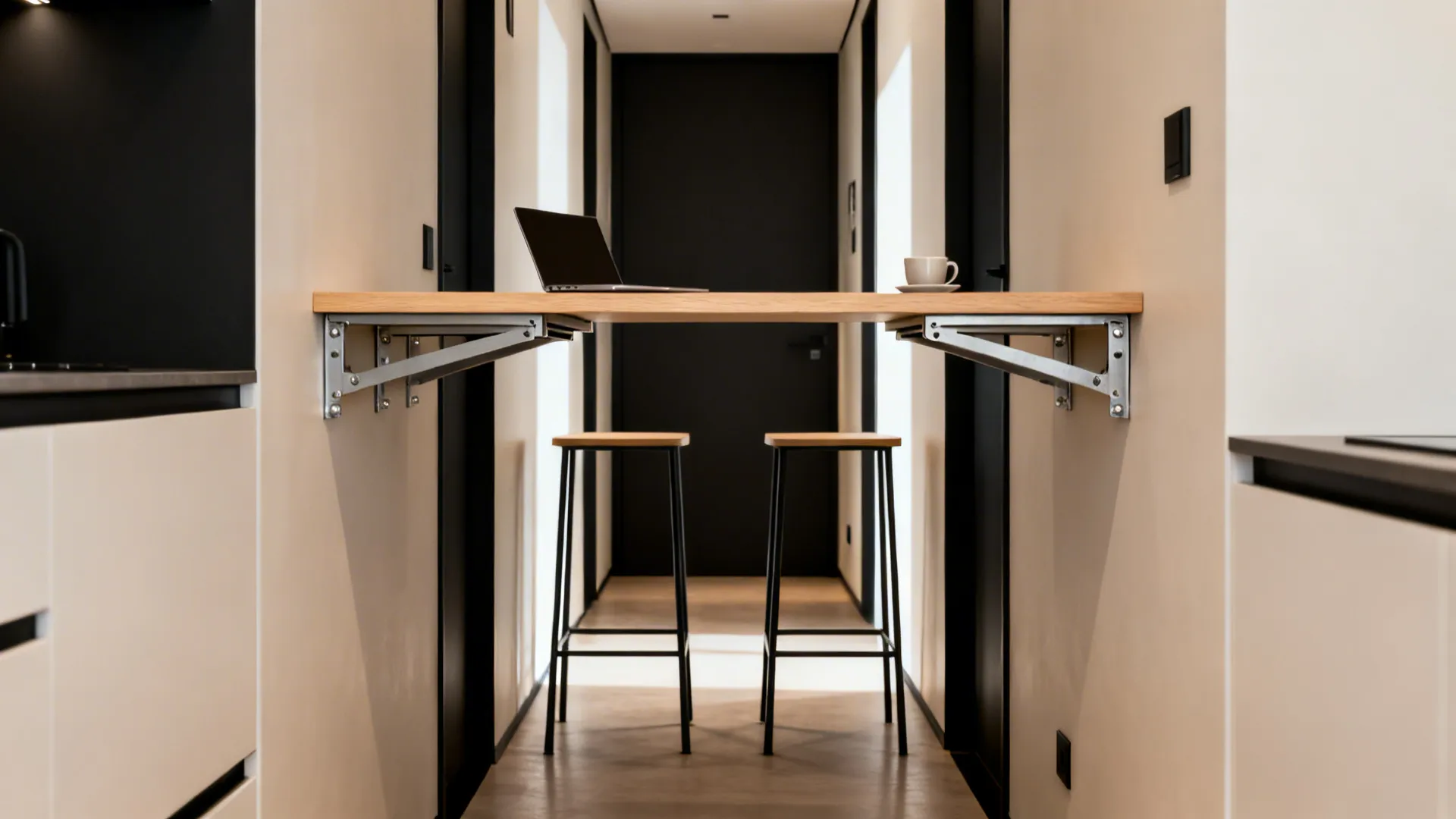 Fold-down wall-mounted bar ledge with two backless stools in a narrow kitchen.