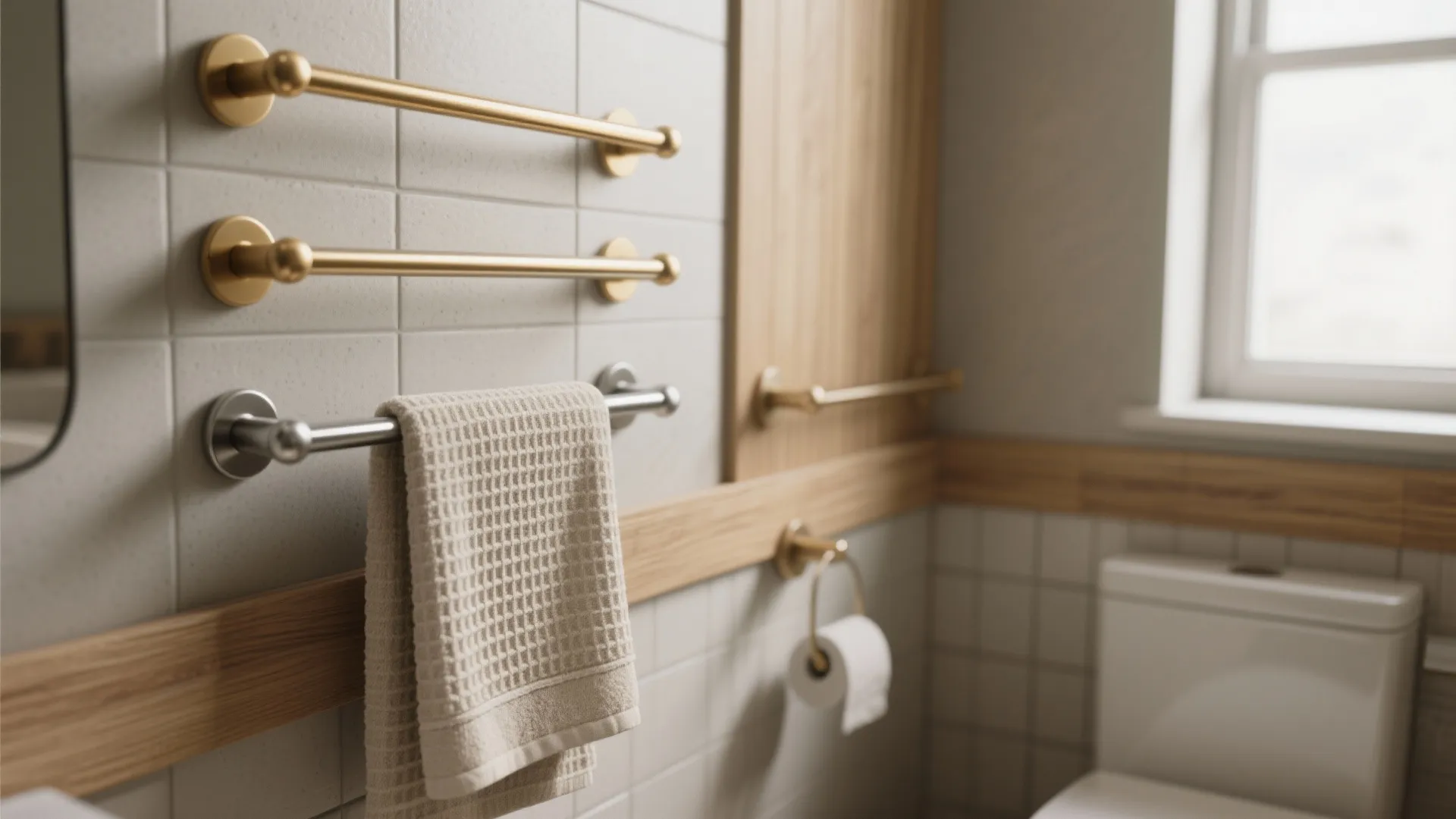 Brass staggered towel bars on a tiled wall with layered waffle and plush towels.
