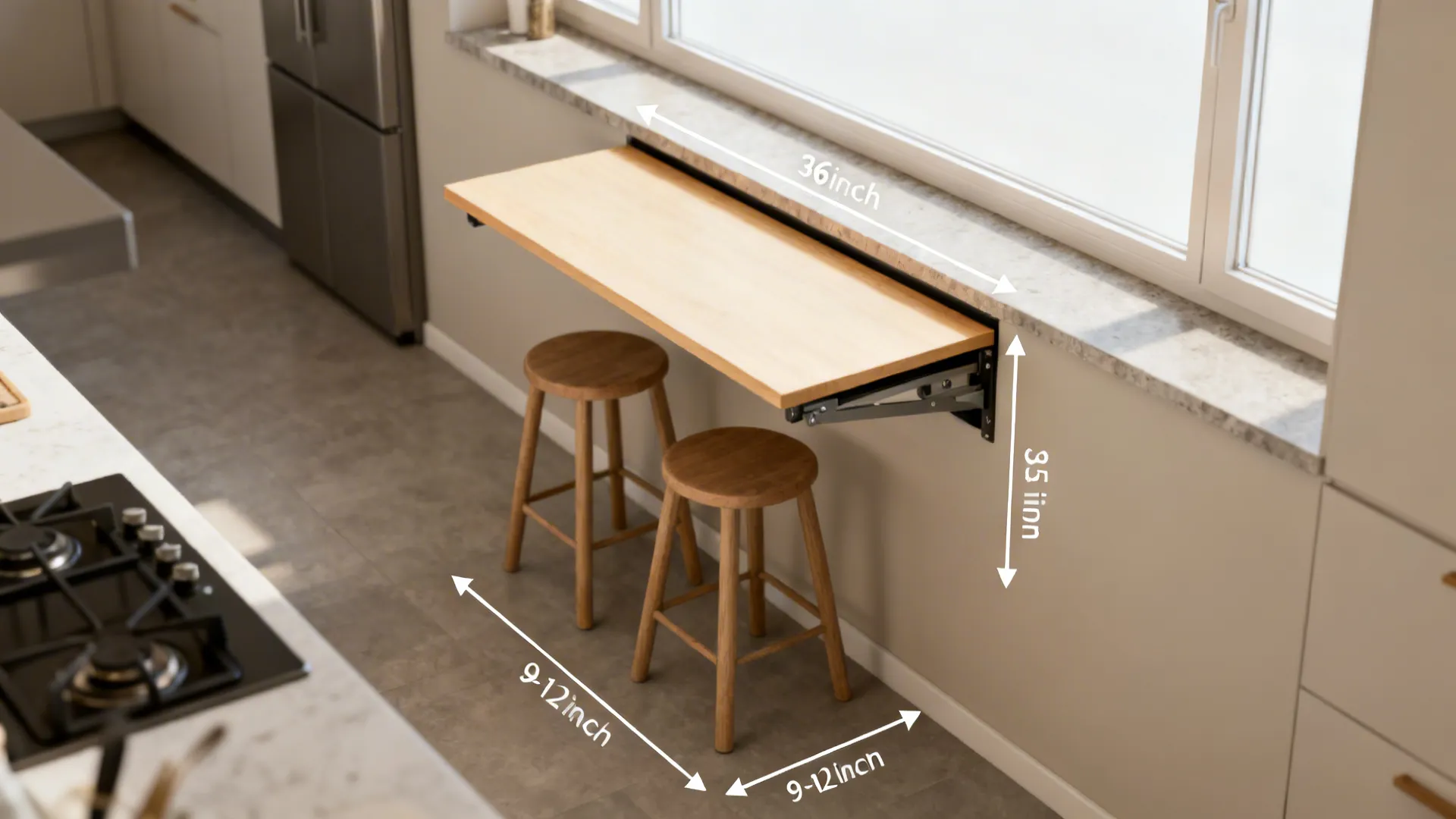 Top-down view of a narrow kitchen with fold-down wall bar and stool height clearances.