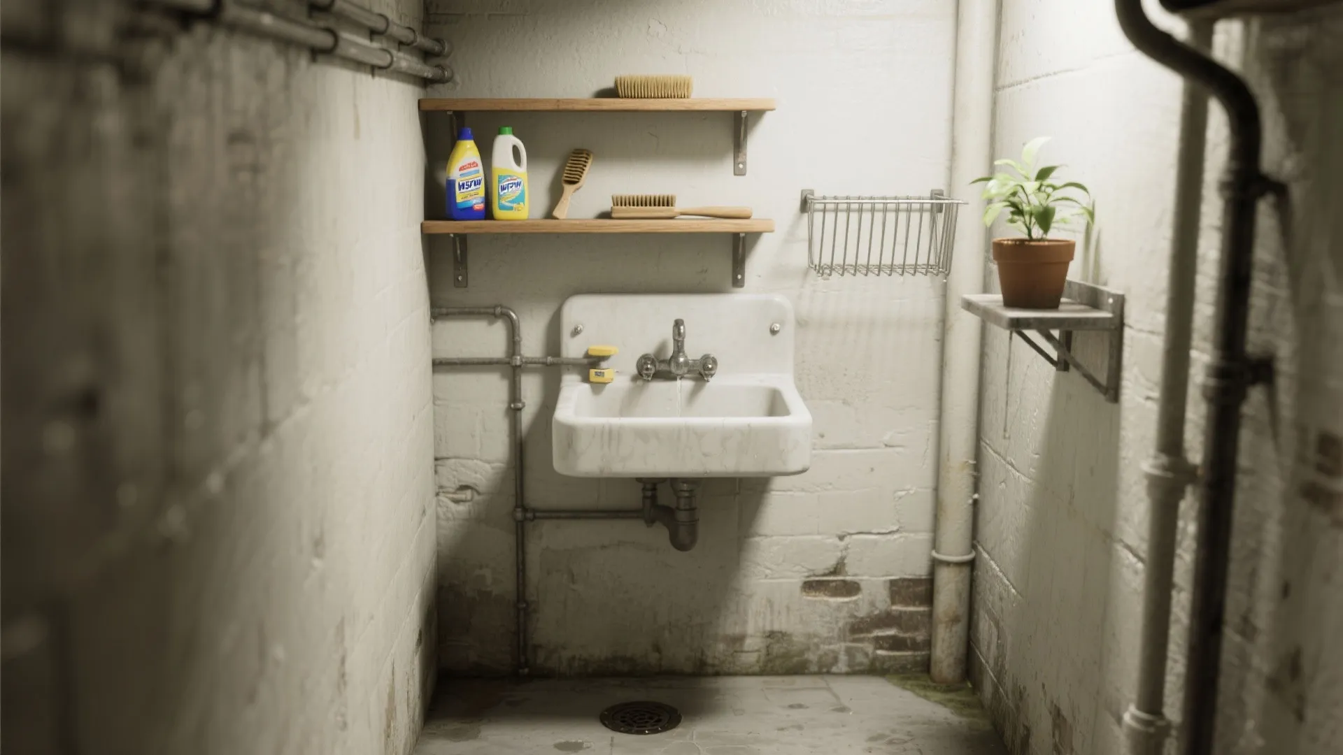 White wall mounted sink in small utility room with exposed pipes and shelves for products