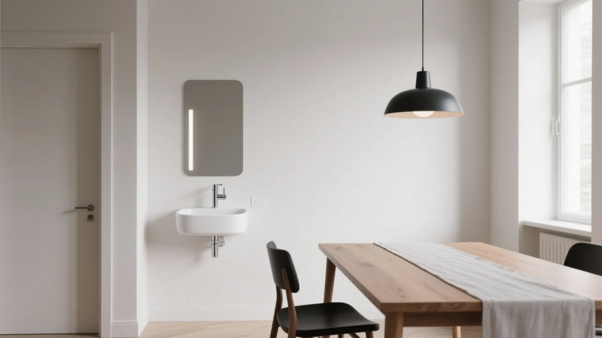 Minimal Wall-Mounted Basin by the Dining Table