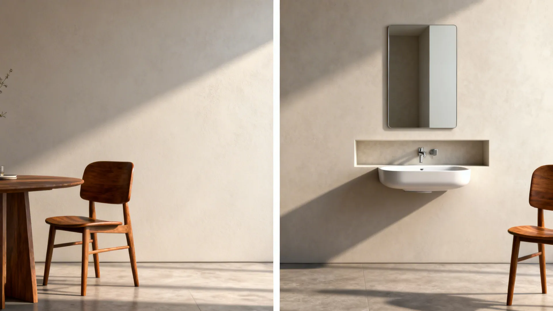 Before-and-after of a dining wall transformed with a minimalist wall-mounted basin.