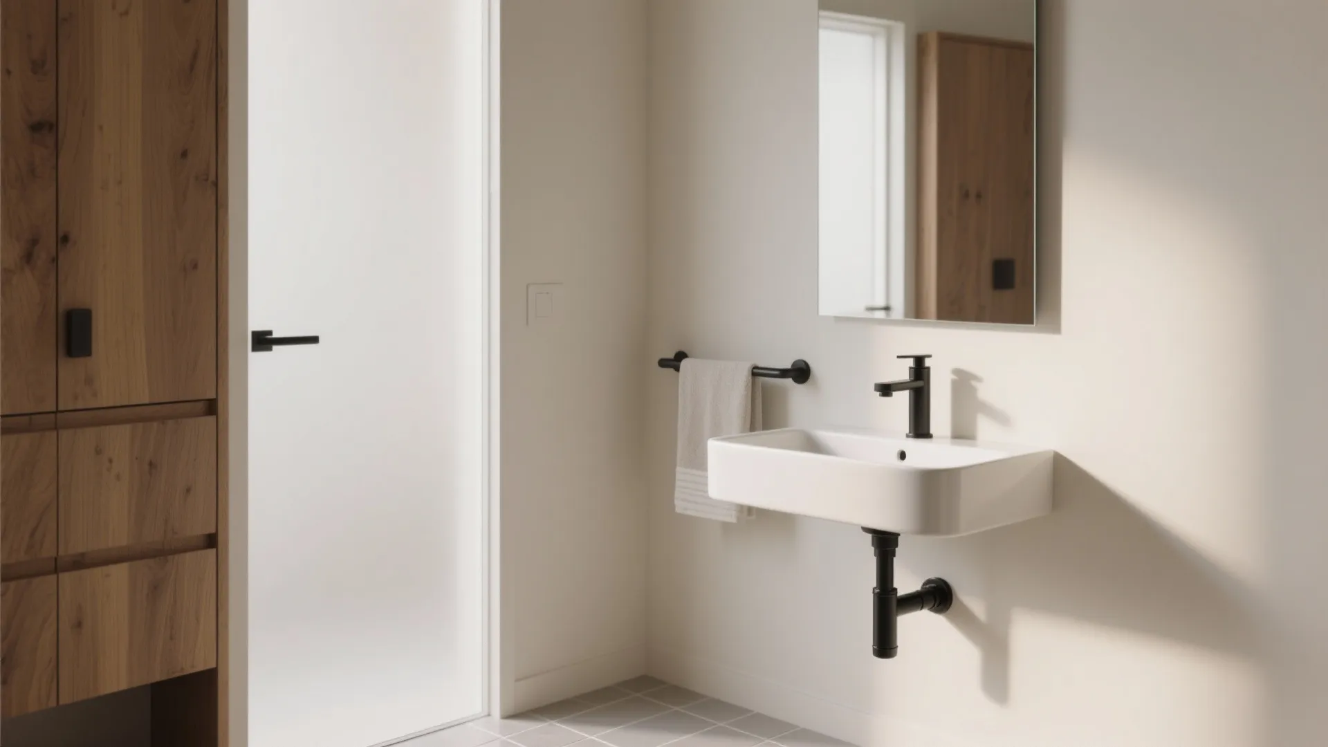 Minimalist white wall mounted sink with black faucet mirror and tall wooden cabinet in bathroom