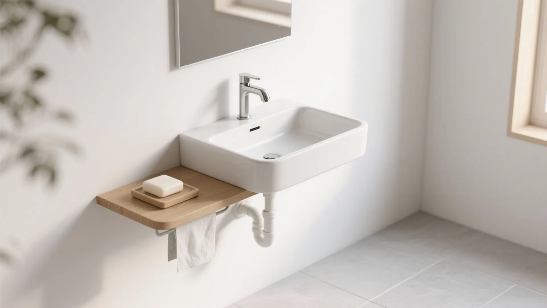 Minimal wall-mounted small bathroom basin with a shallow floating oak shelf and clear floor space.