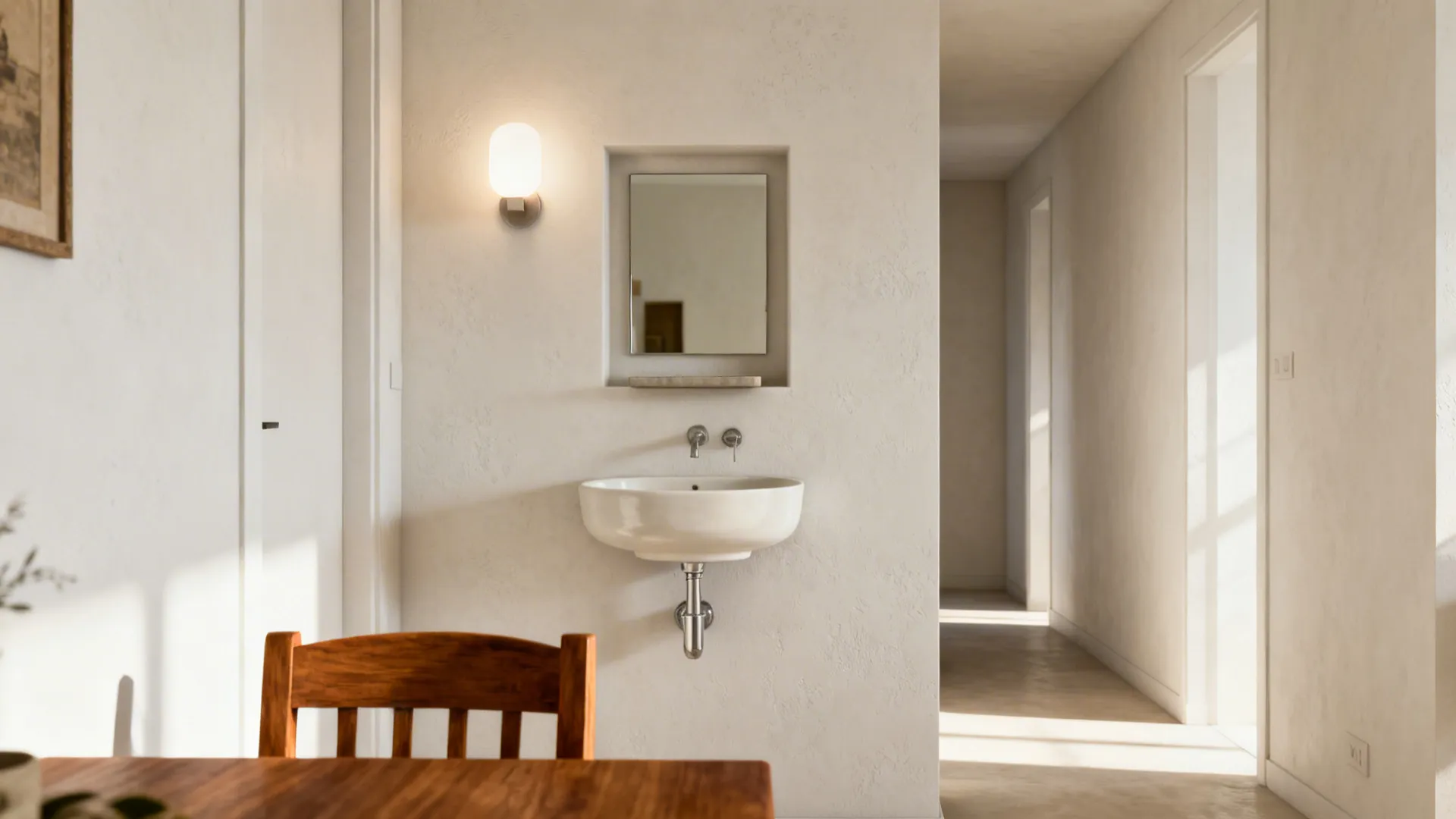 Slim wall-mounted basin with a recessed mirror niche in a compact dining room.