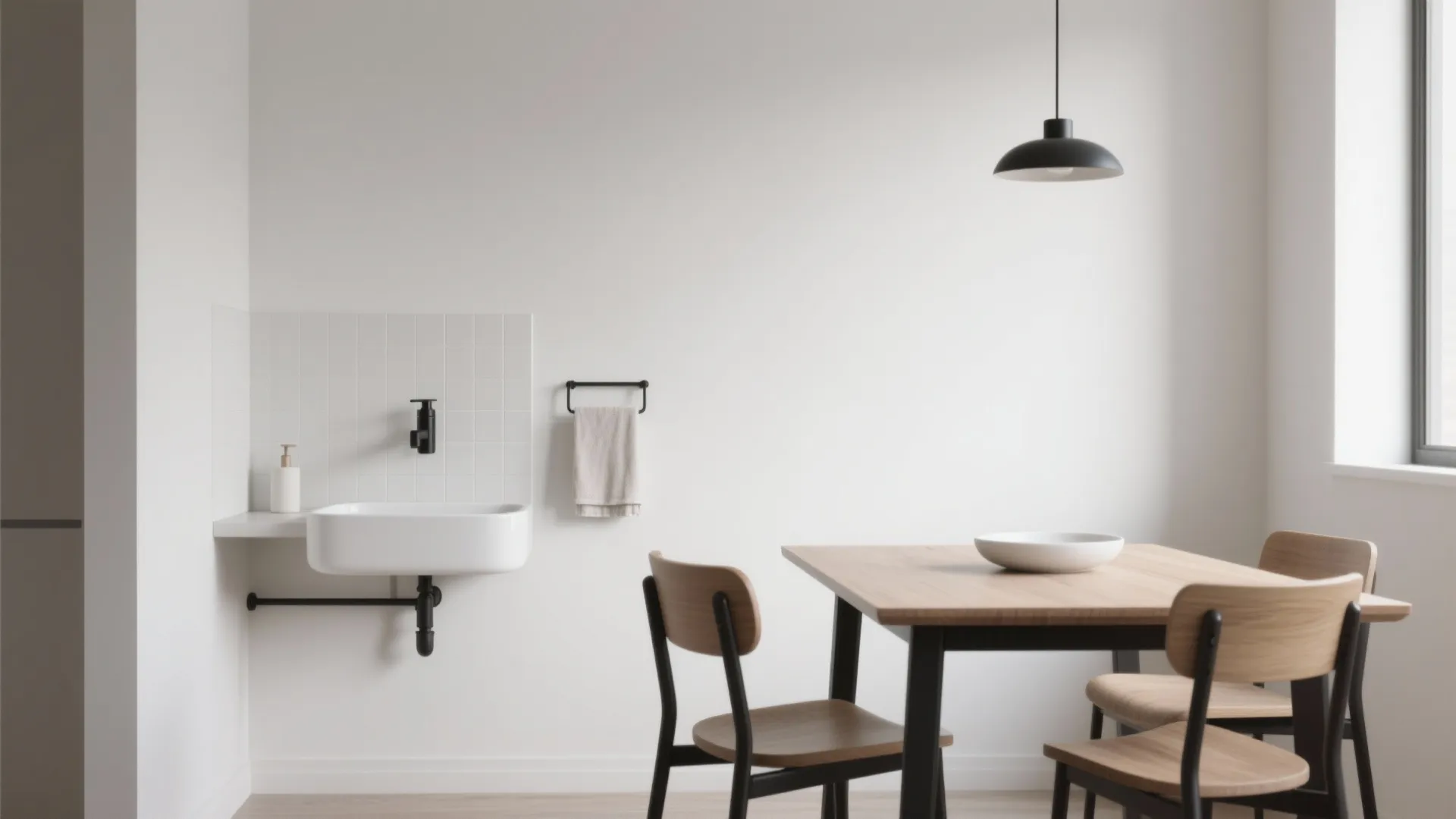 Minimalist dining area with wooden table and chairs plus white wall mounted small bathroom sink