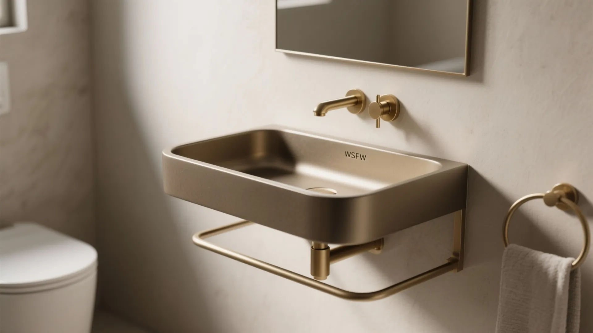 Modern gold wall mounted bathroom sink with matching gold tap and a small towel ring