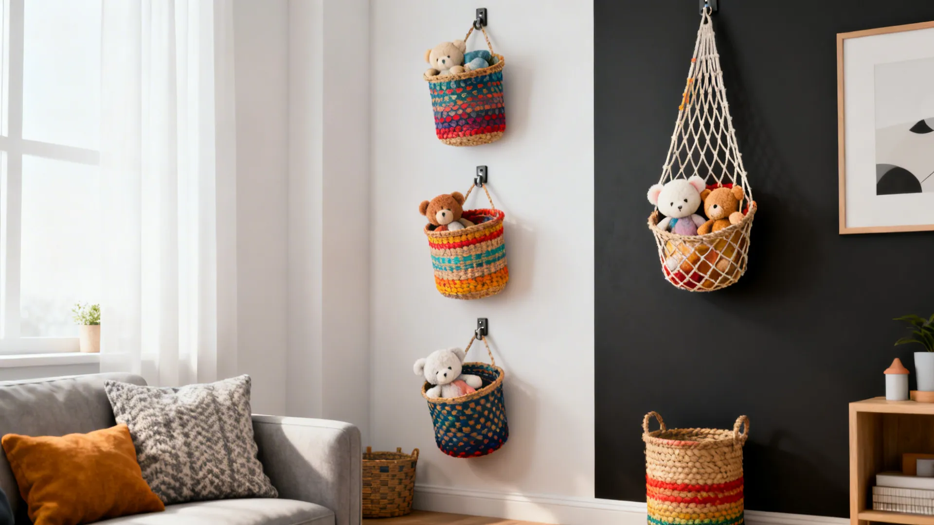 Wall-mounted woven baskets and nets holding soft toys in a small living room
