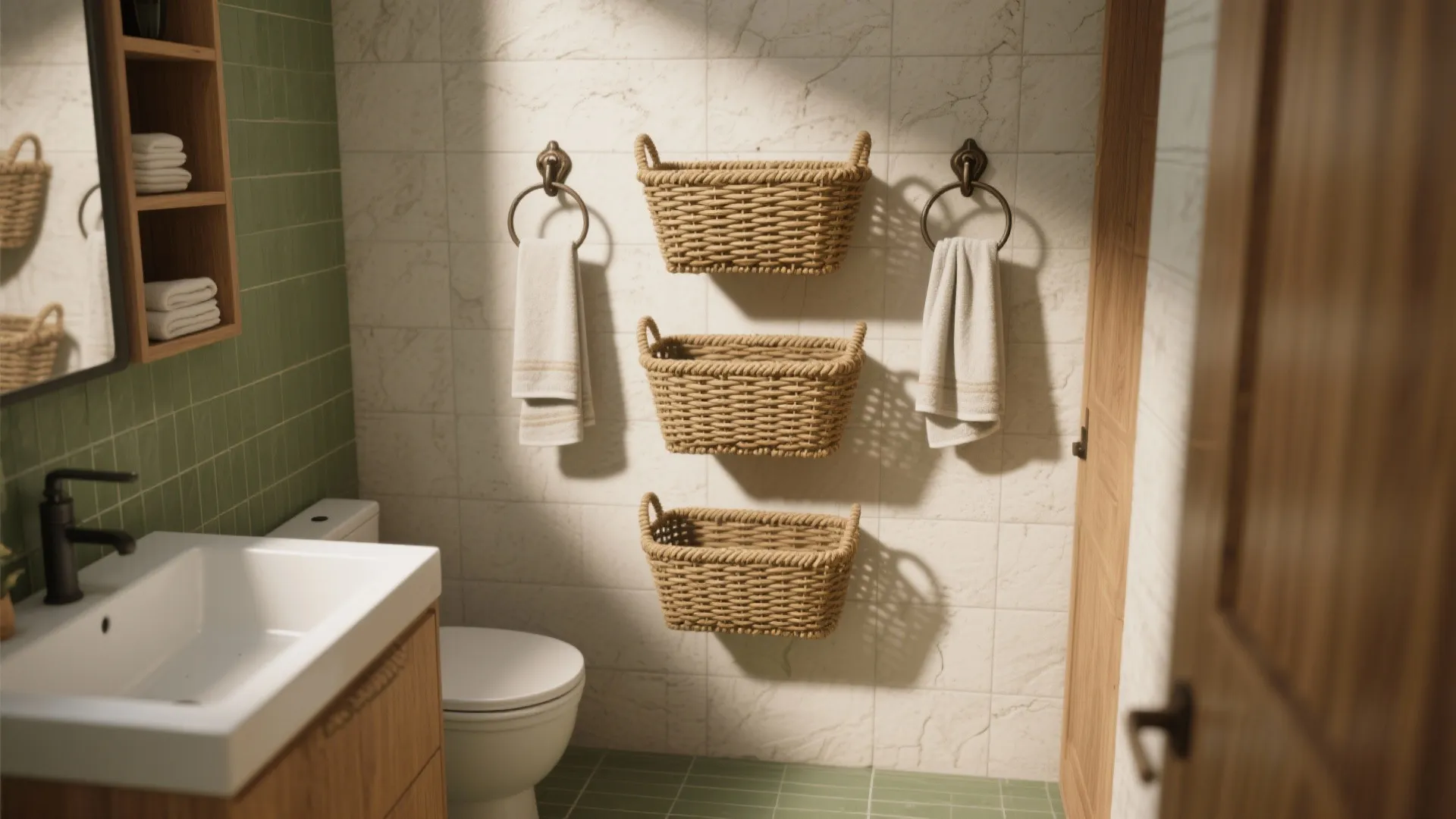 3. Wall-mounted baskets and decorative hooks