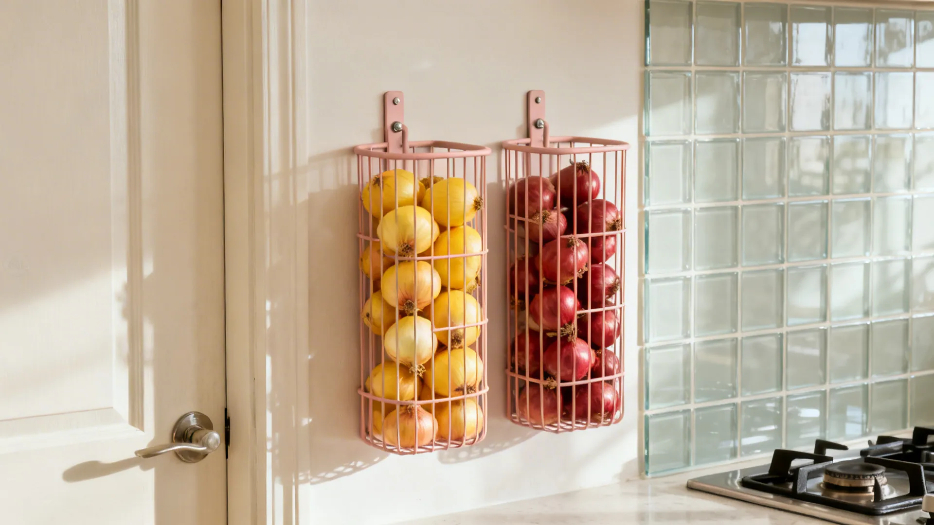 Two wall-mounted wire baskets hold yellow and red onions, freeing counter space in a bright small kitchen.