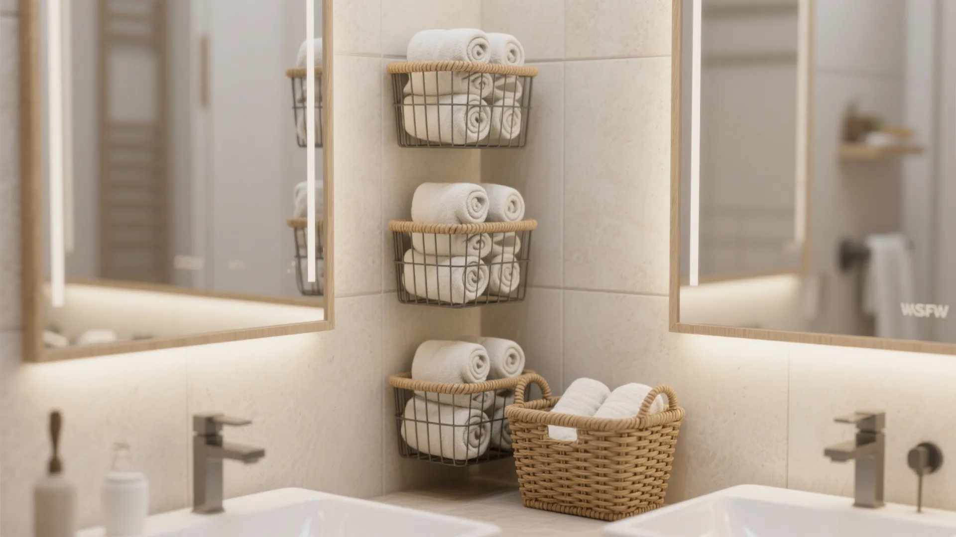White bathroom corner showing metal wall baskets and a woven floor basket filled with towels