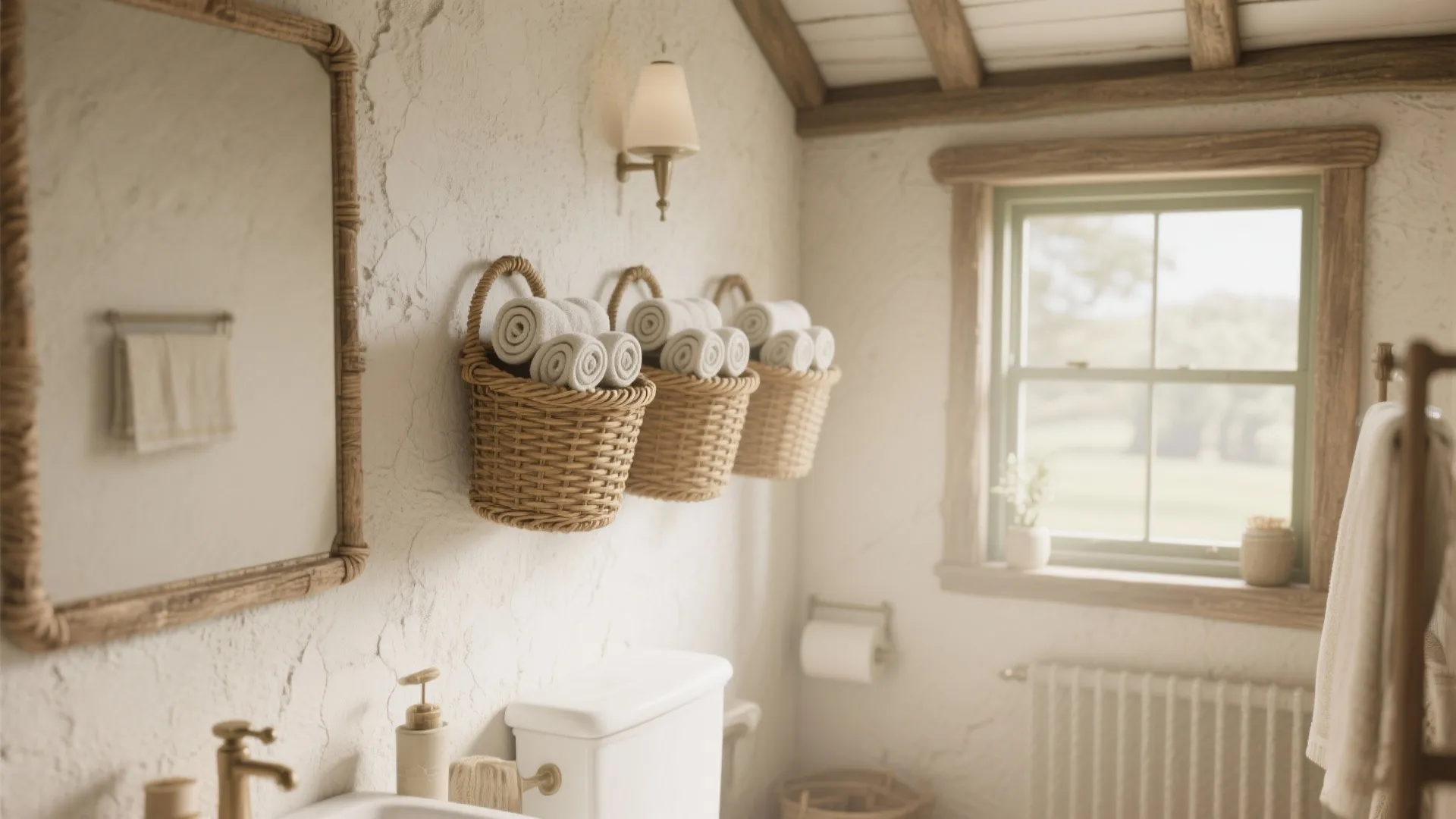 Rustic bathroom with three woven wall baskets holding rolled towels near a mirror and window