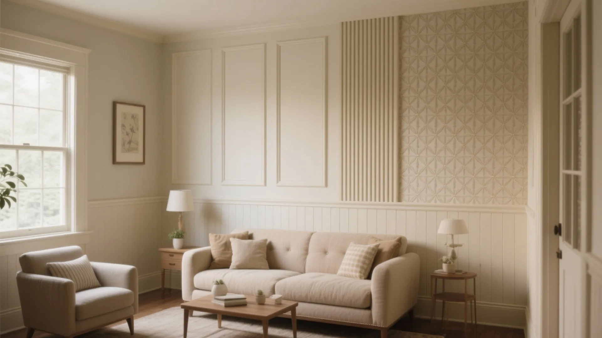 Living room with cream sofa, armchair, coffee table, patterned wallpaper, and decorative white wall panel