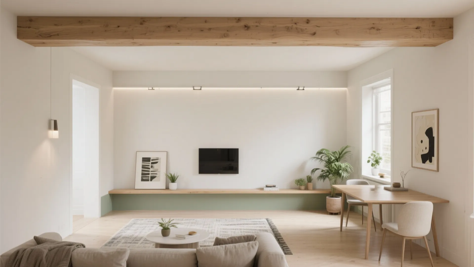 Minimalist living room with wooden ceiling beam dining table wall mounted television and large green plants