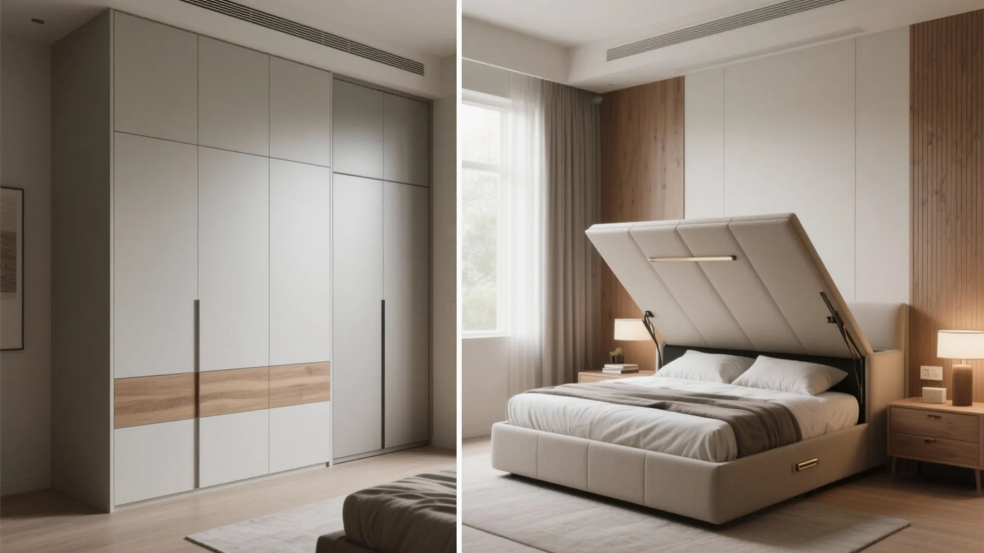 Modern bedroom with large white wall cabinet and a bed with lift up storage base