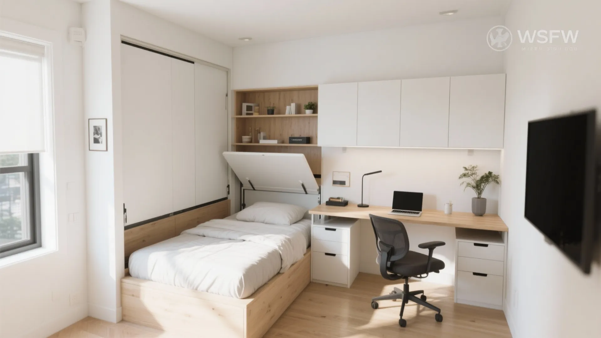 Compact room with Murphy bed and flip-down desk combo