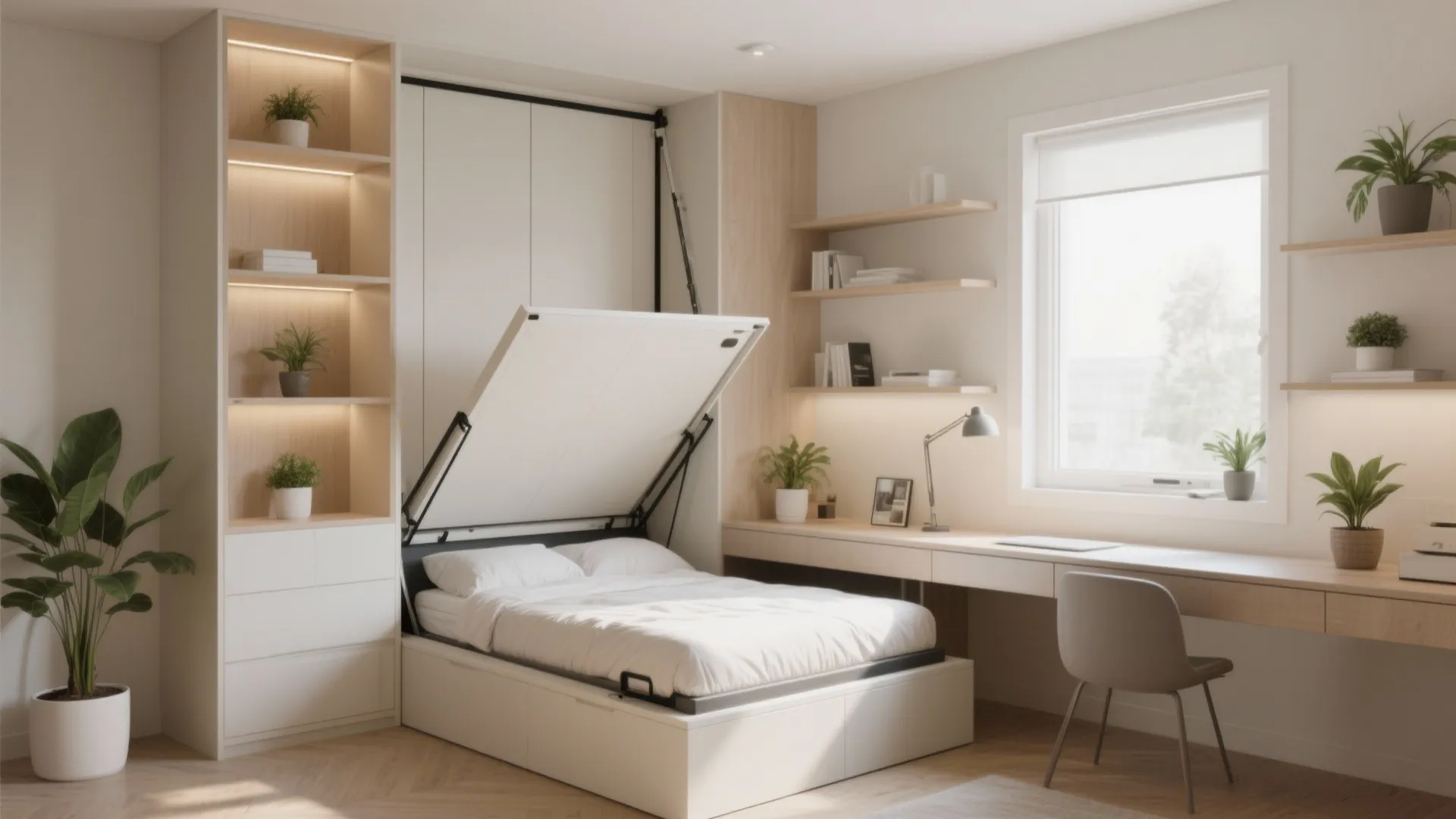 Modern white wall bed opening in room with a long wooden desk and wall storage