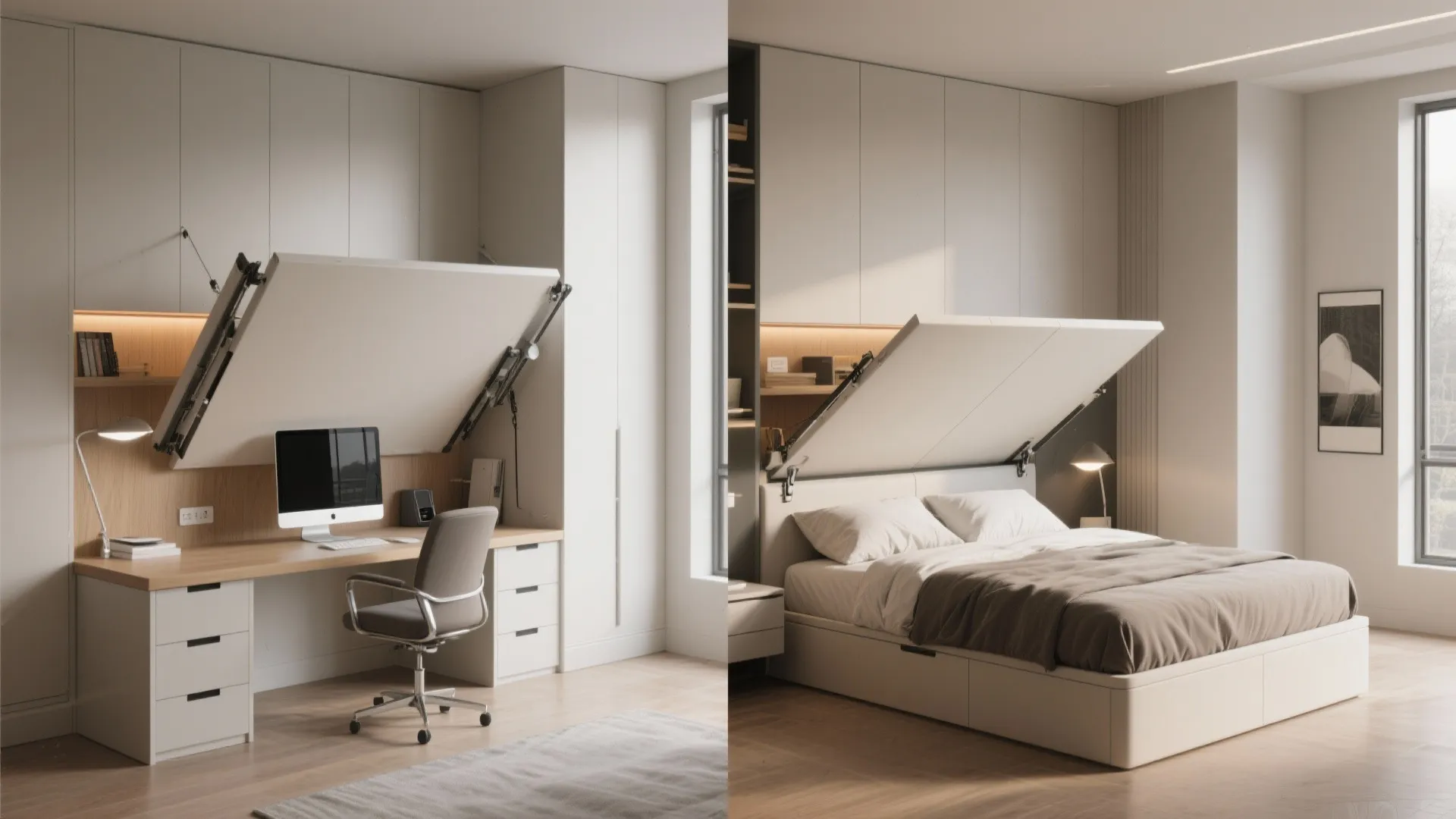 Before and after showing a home office desk transformed into a fold out double bed