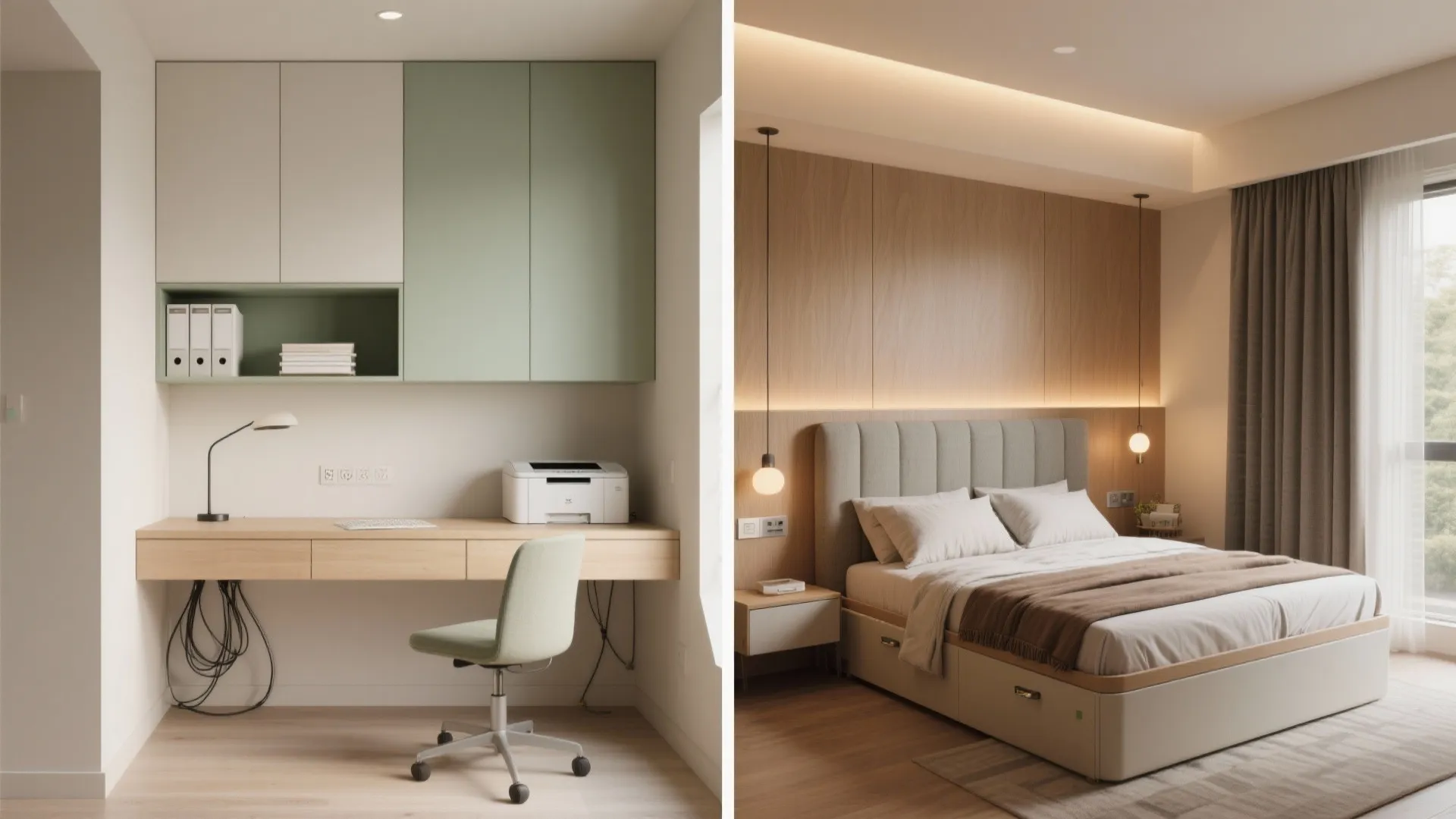 2) A multipurpose second bedroom (study + guest room with a wall bed)