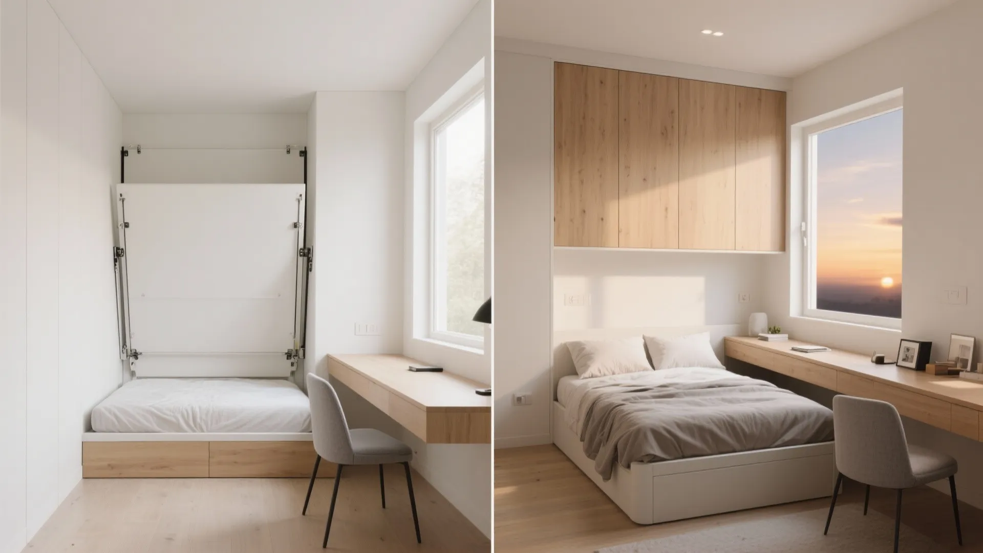 Split view of wall bed with folding desk in day and night modes, conserving floor space.