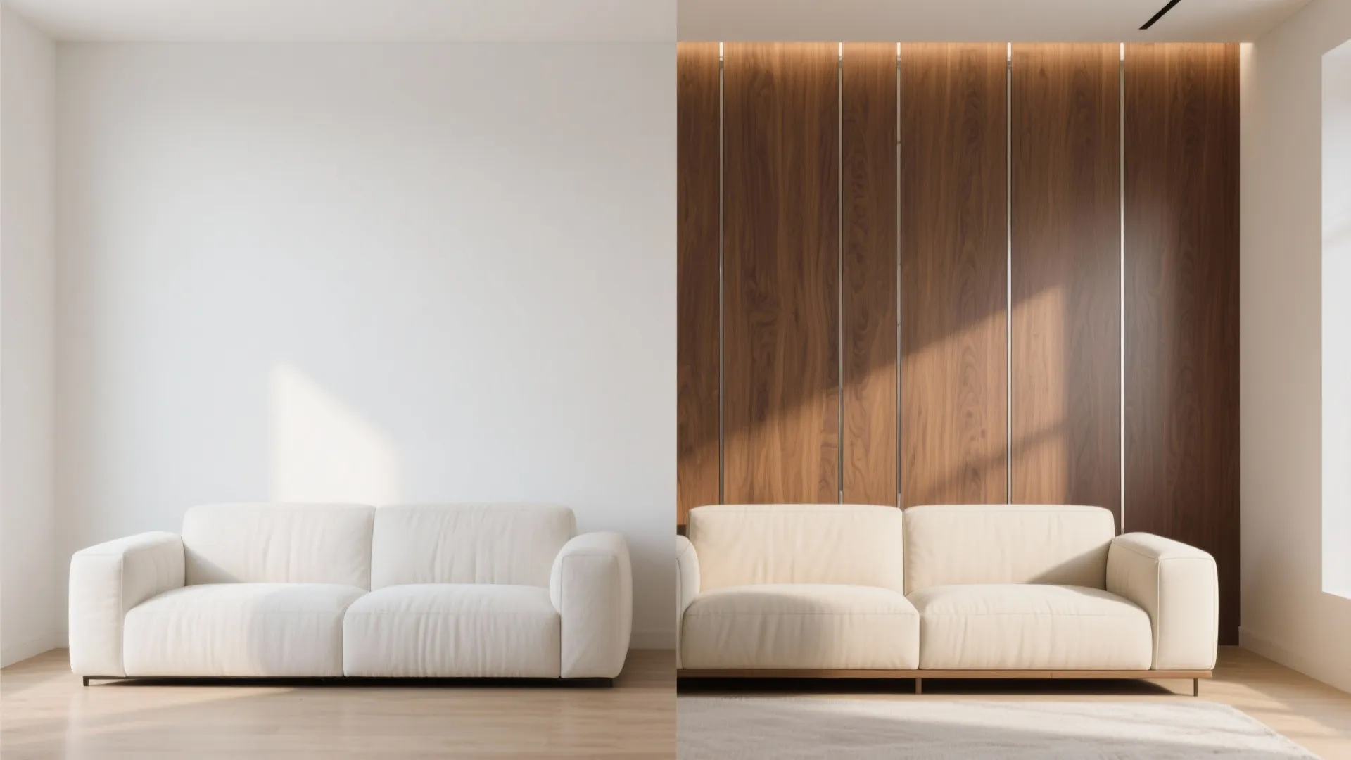 Before-and-after living room wall: plain white vs wood-grain PVC panels with trims behind the sofa.
