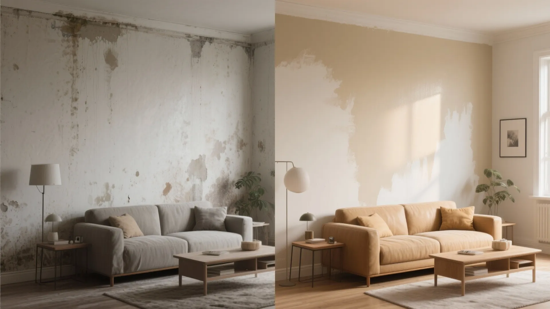 Before-and-after comparison showing old damaged white wall versus newly painted clean warm cream living room