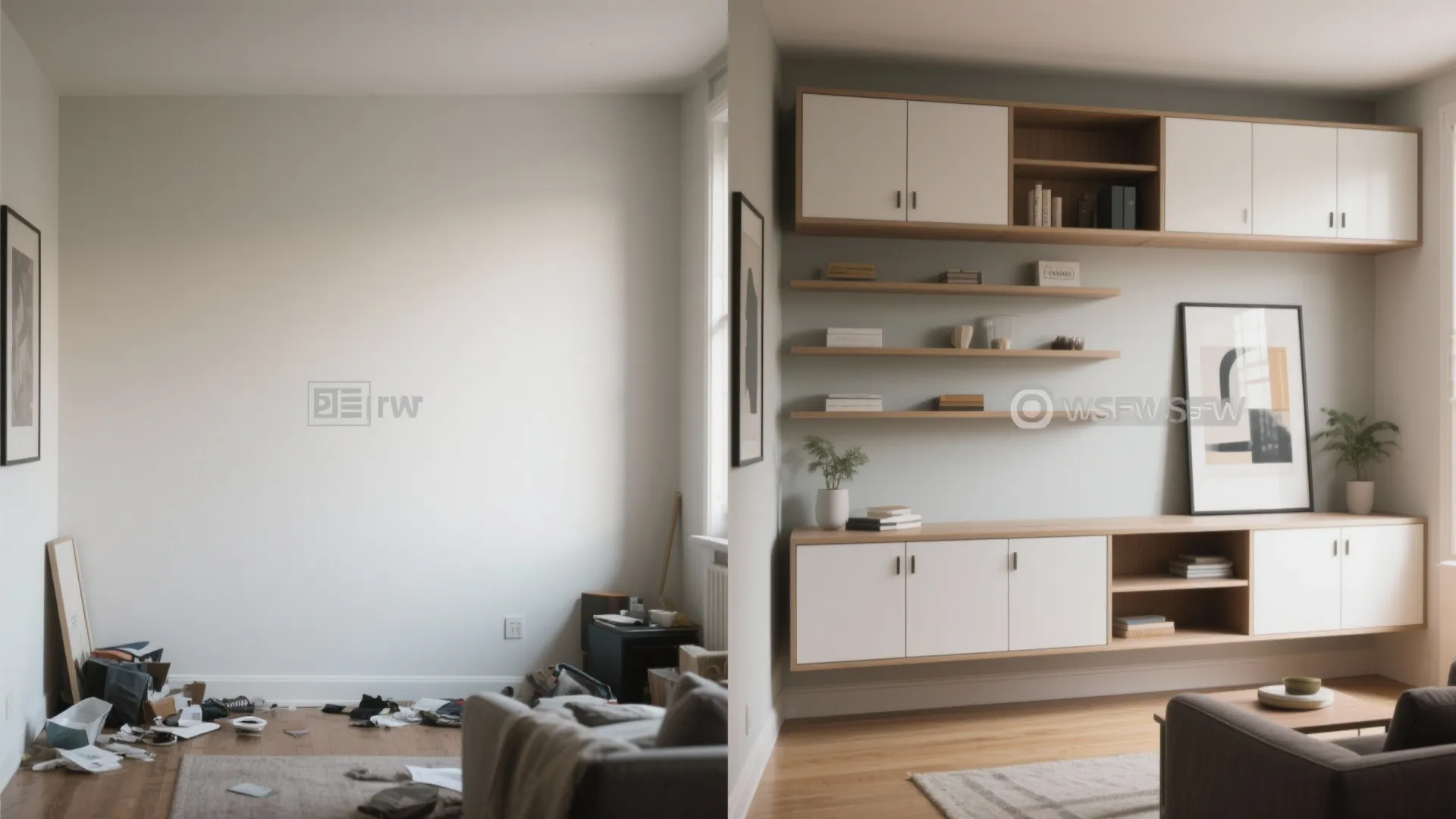 5) Multi-functional wall: shelves, shallow cabinetry, and art mix