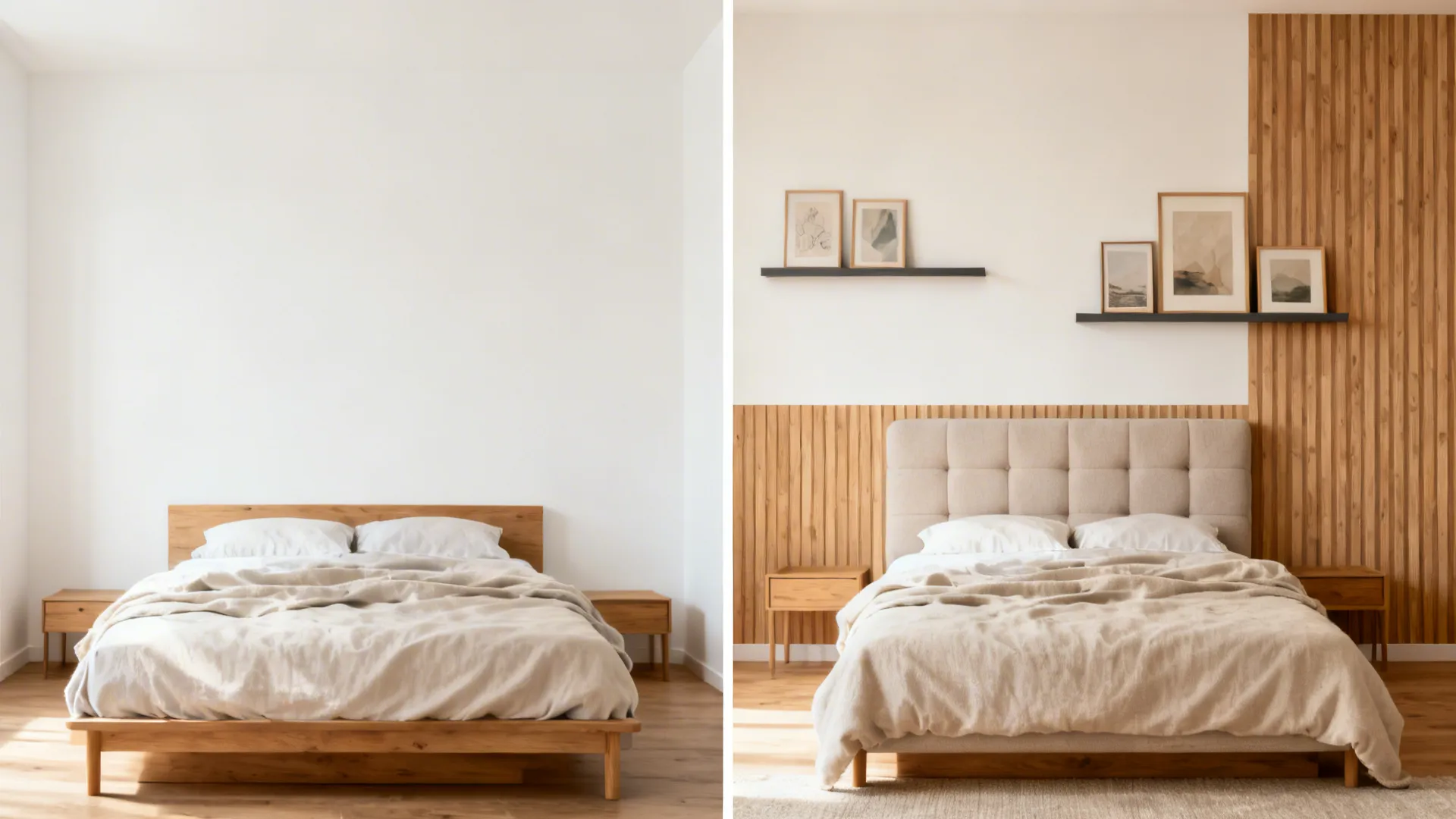 Before-and-after of a small bedroom wall from plain to wallpaper, gallery ledges, and headboard.