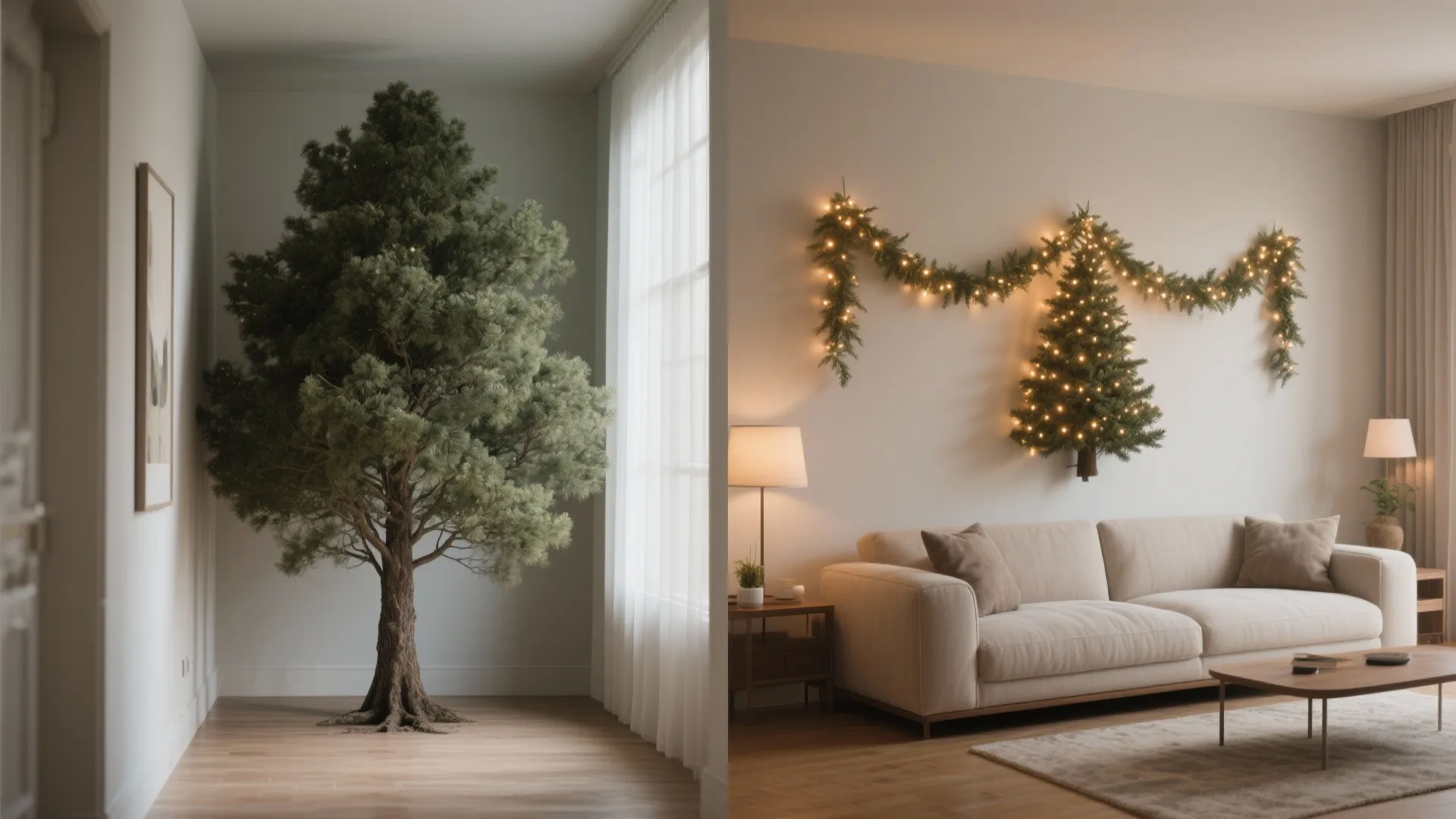 Room comparison showing a large indoor tree versus creative wall mounted Christmas light tree display