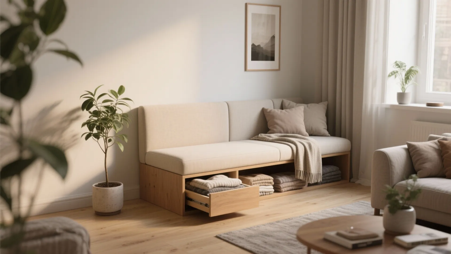 Built-in wooden bench with storage drawers holding folded clothes next to indoor plants and white walls
