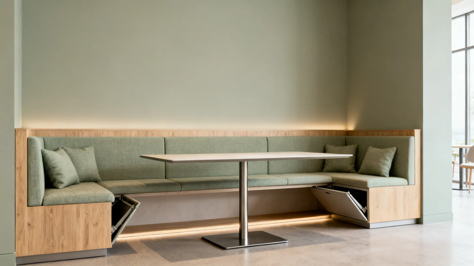 Wall-mounted dining bench with flip-up storage paired with a slim table in a small niche.