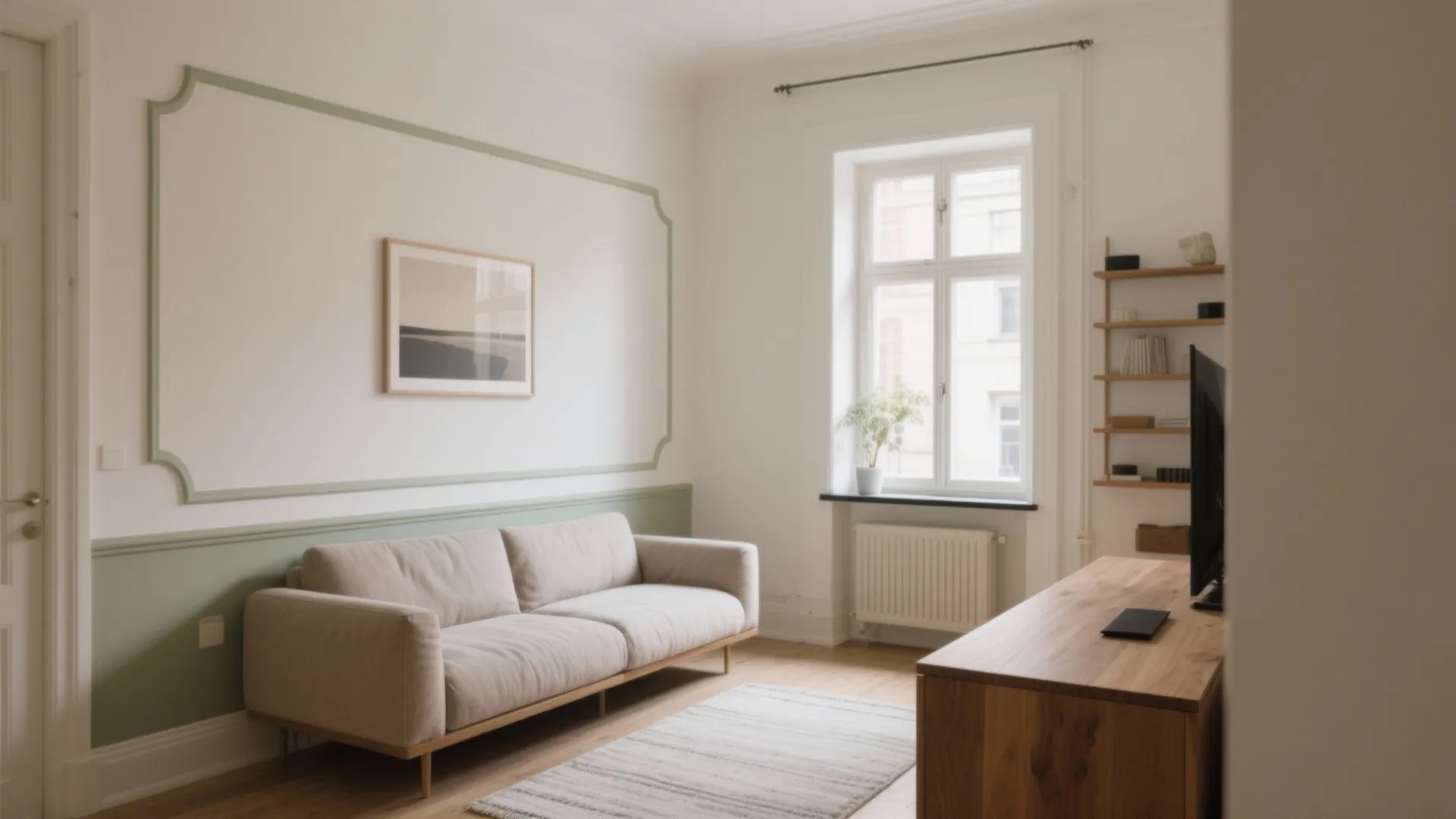 Modern living room featuring a beige sofa with green wall panel design and wooden floor