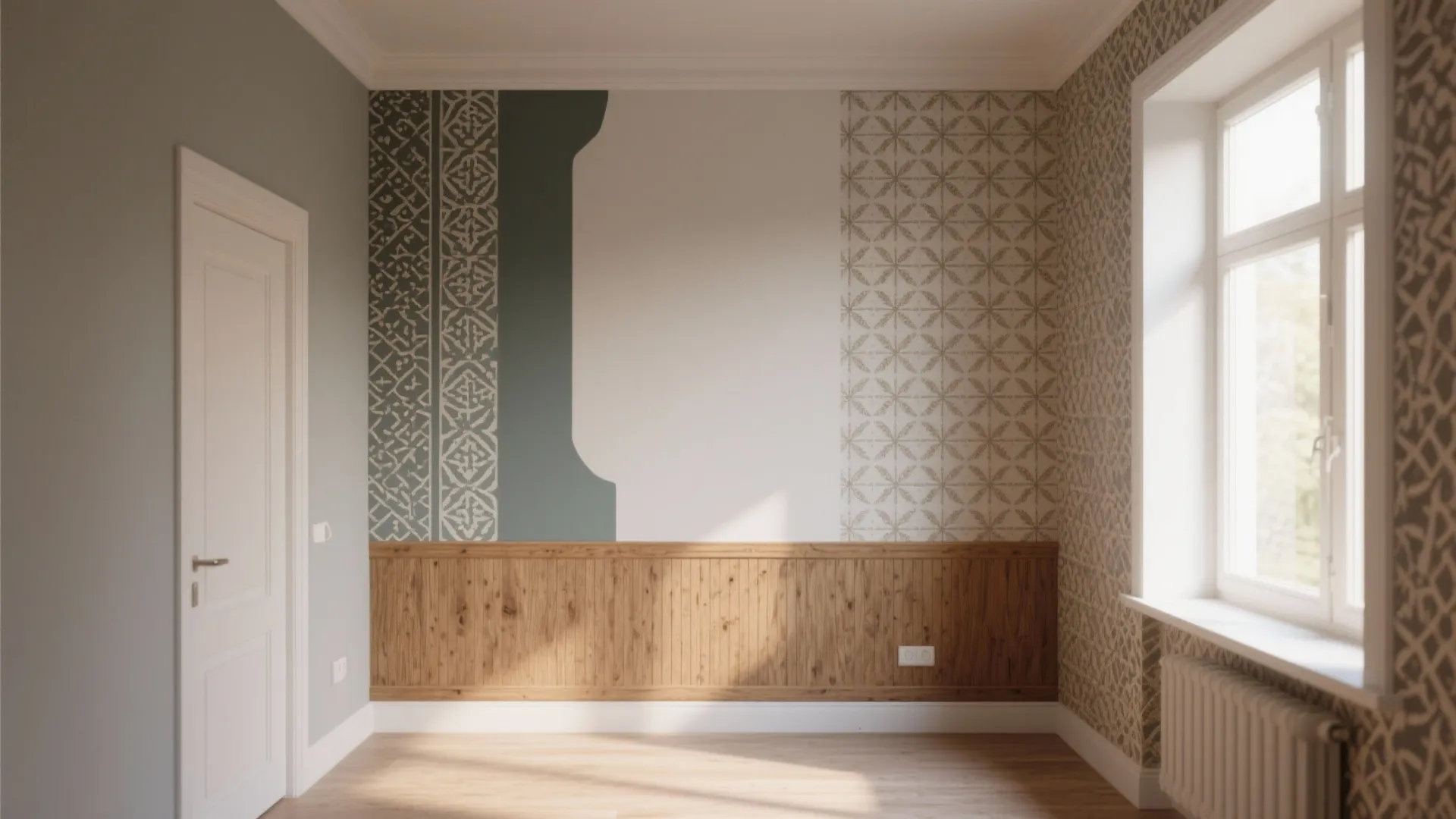 Empty room featuring wood wall panel patterned wallpaper white door and bright window with radiator