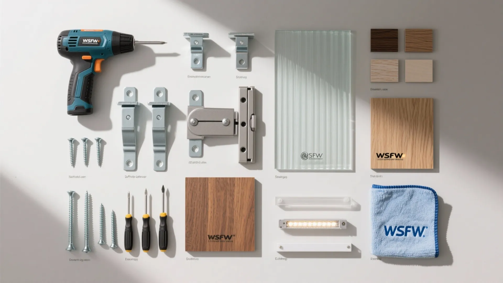 Various home improvement tools including power drill screws wood samples and a small light fixture