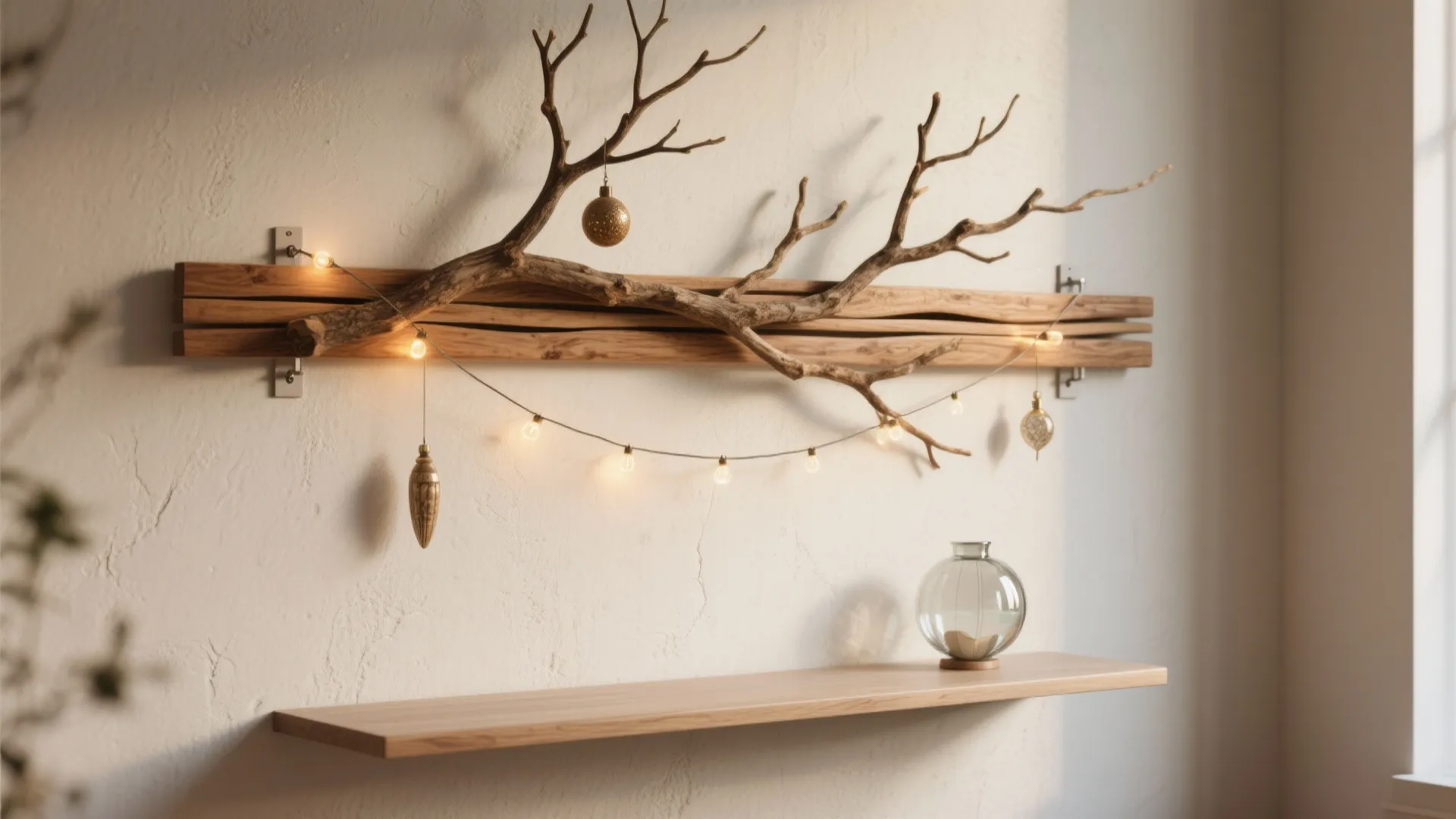 Natural tree branch wall decoration with lights and gold ornaments above a wooden wall shelf