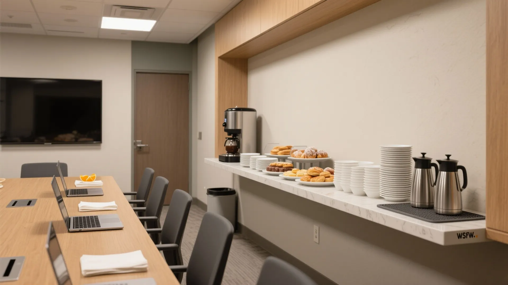 Modern office meeting room with long wooden table laptops and breakfast buffet bar with coffee