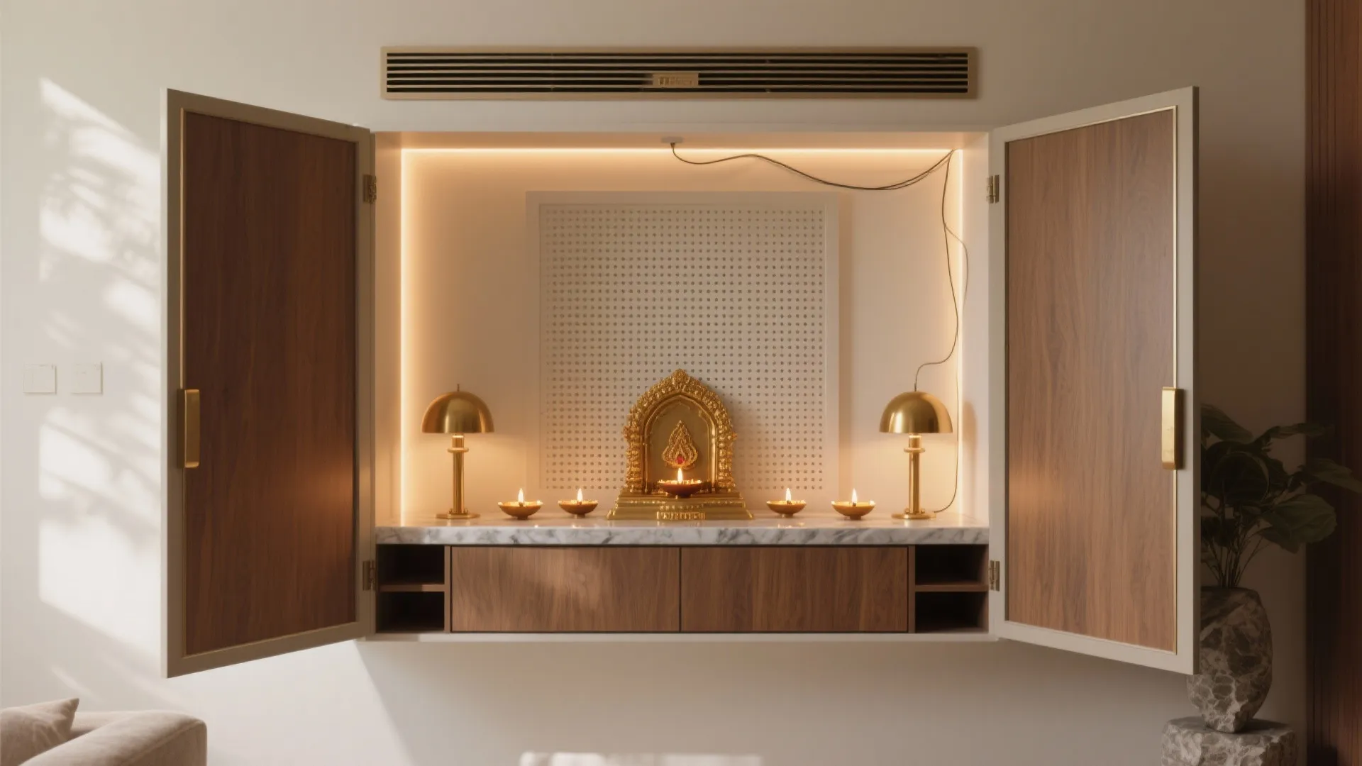 Modern wall cabinet with open wooden doors showing a small gold shrine and warm indoor lights