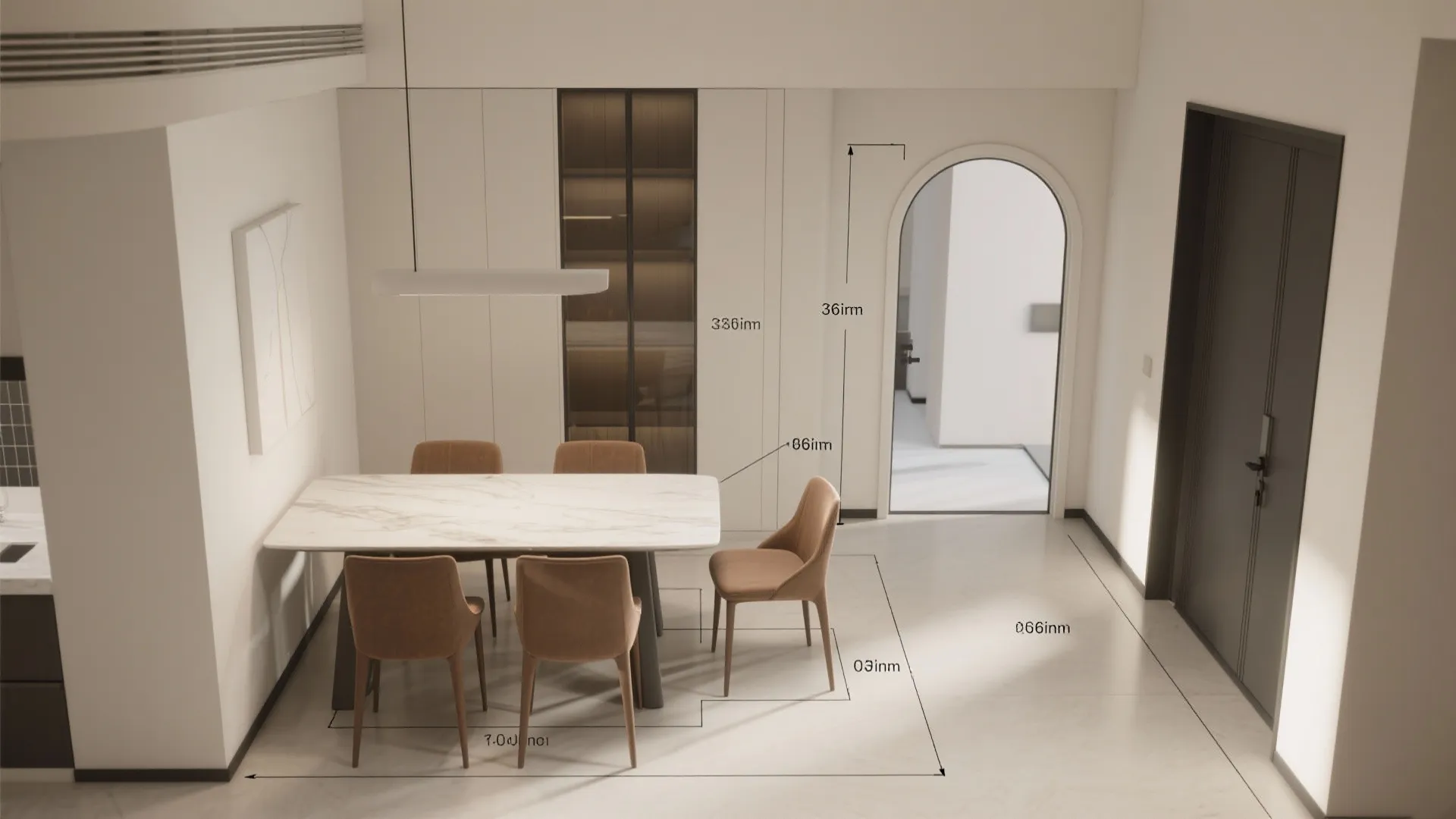 Modern dining room interior design drawing with marble table brown chairs and arched doorway entrance