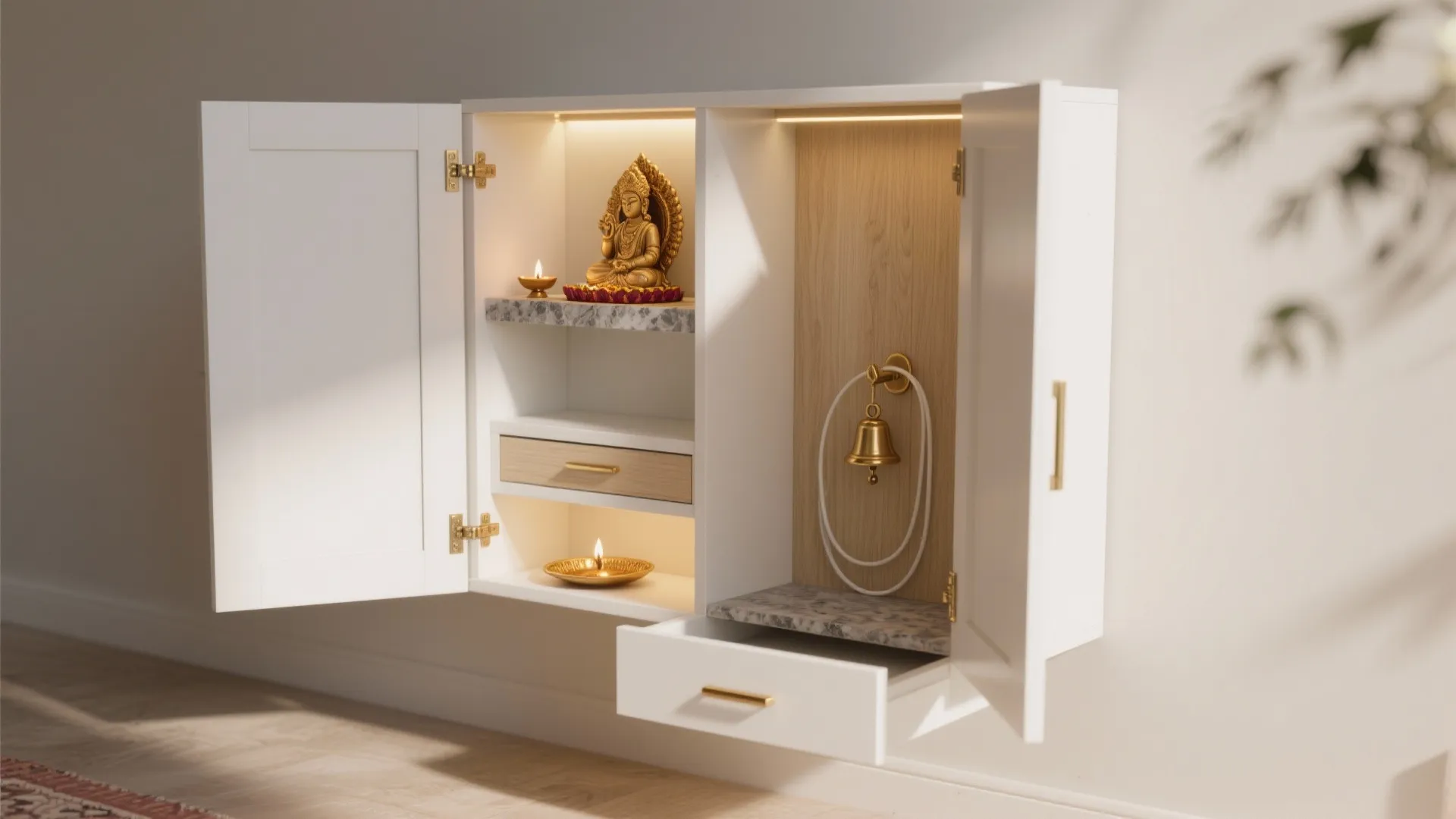 Wall-Mounted Pooja Cabinet with Foldable Doors