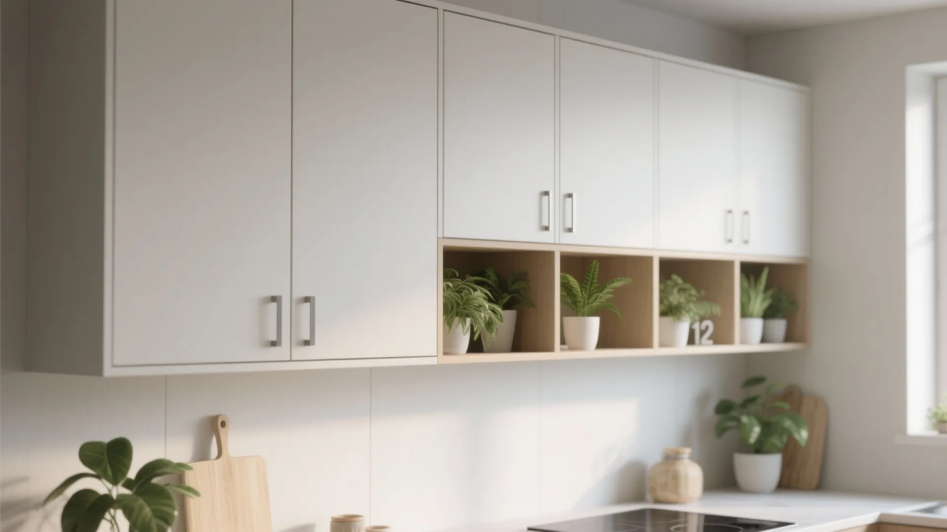 White kitchen wall cabinet featuring open wooden shelves with small green plants and closed doors