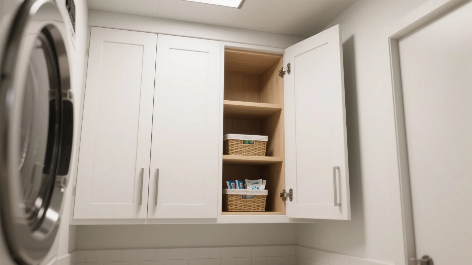 White wall cabinet with one door open showing wooden shelves and small woven storage baskets