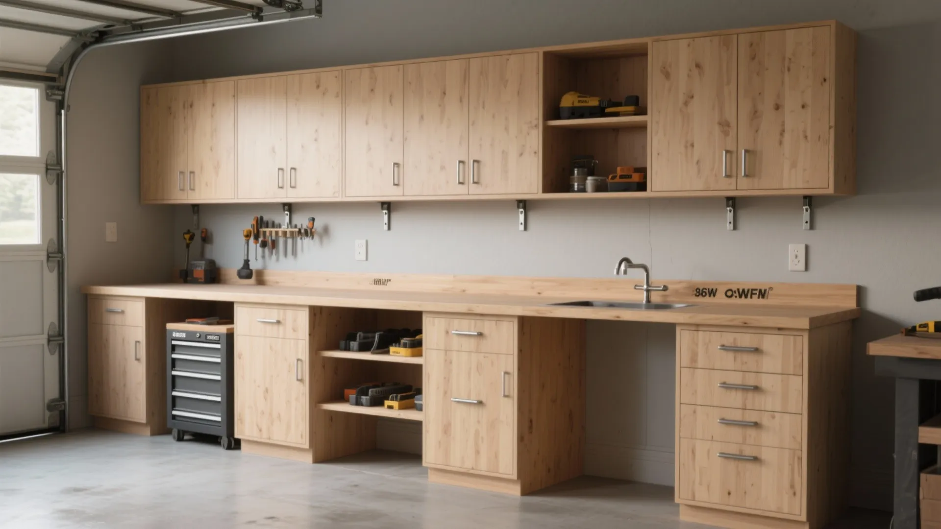Garage storage system with light wood wall cabinets long wooden countertop and a small metal sink